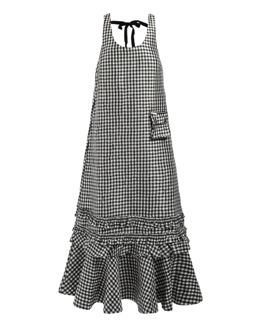 Crinkled Taffeta Check Long Dress