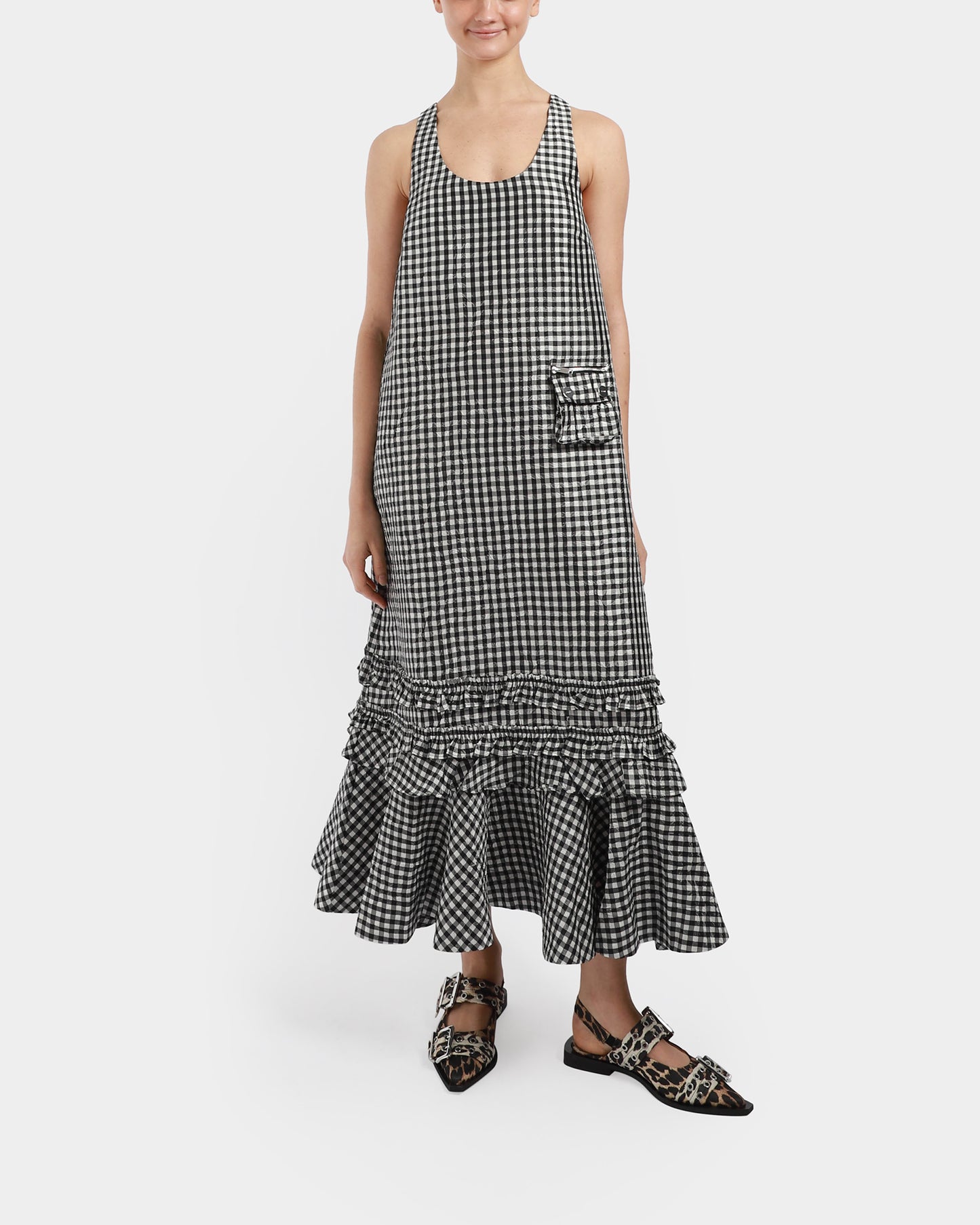 Crinkled Taffeta Check Long Dress