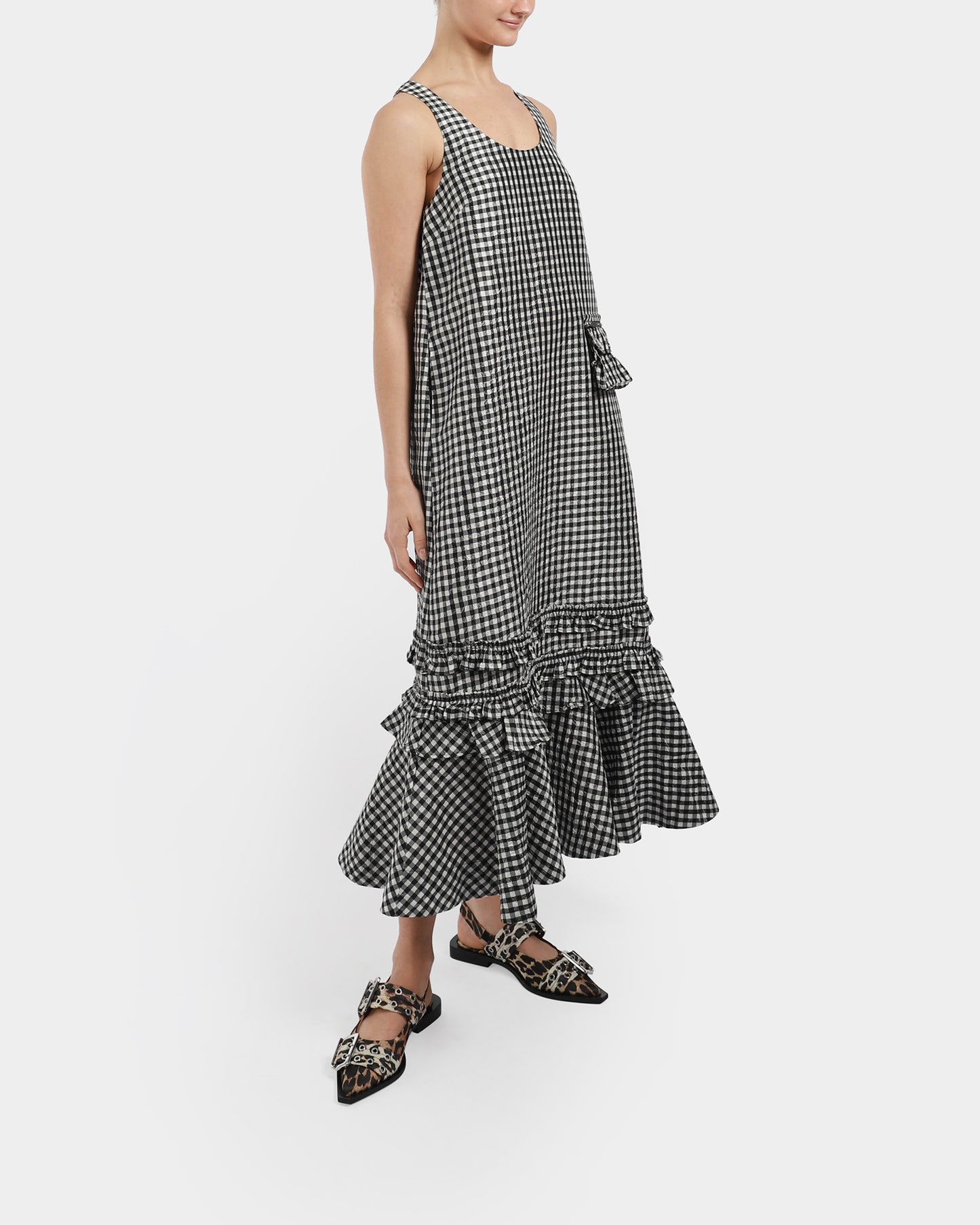 Crinkled Taffeta Check Long Dress