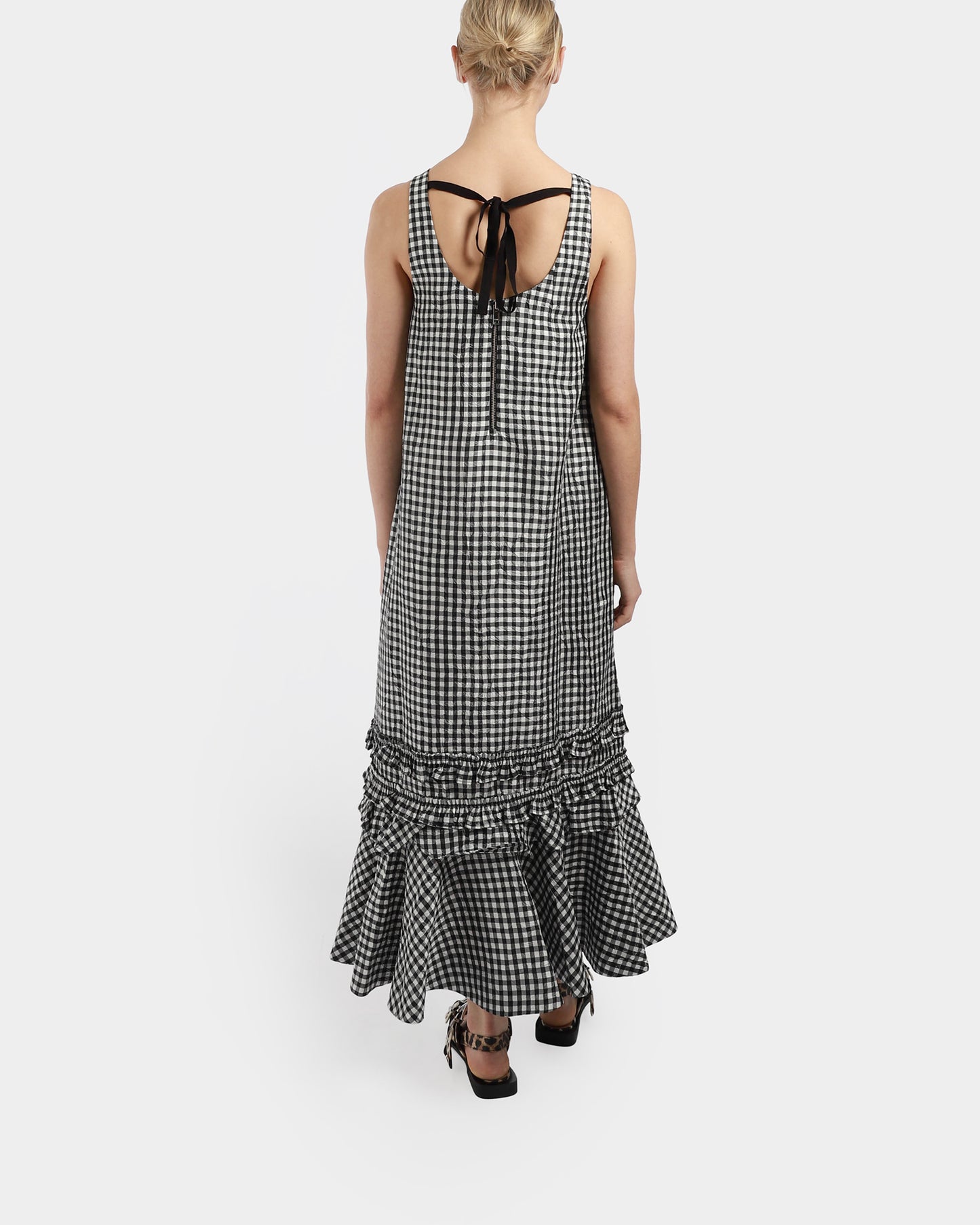 Crinkled Taffeta Check Long Dress