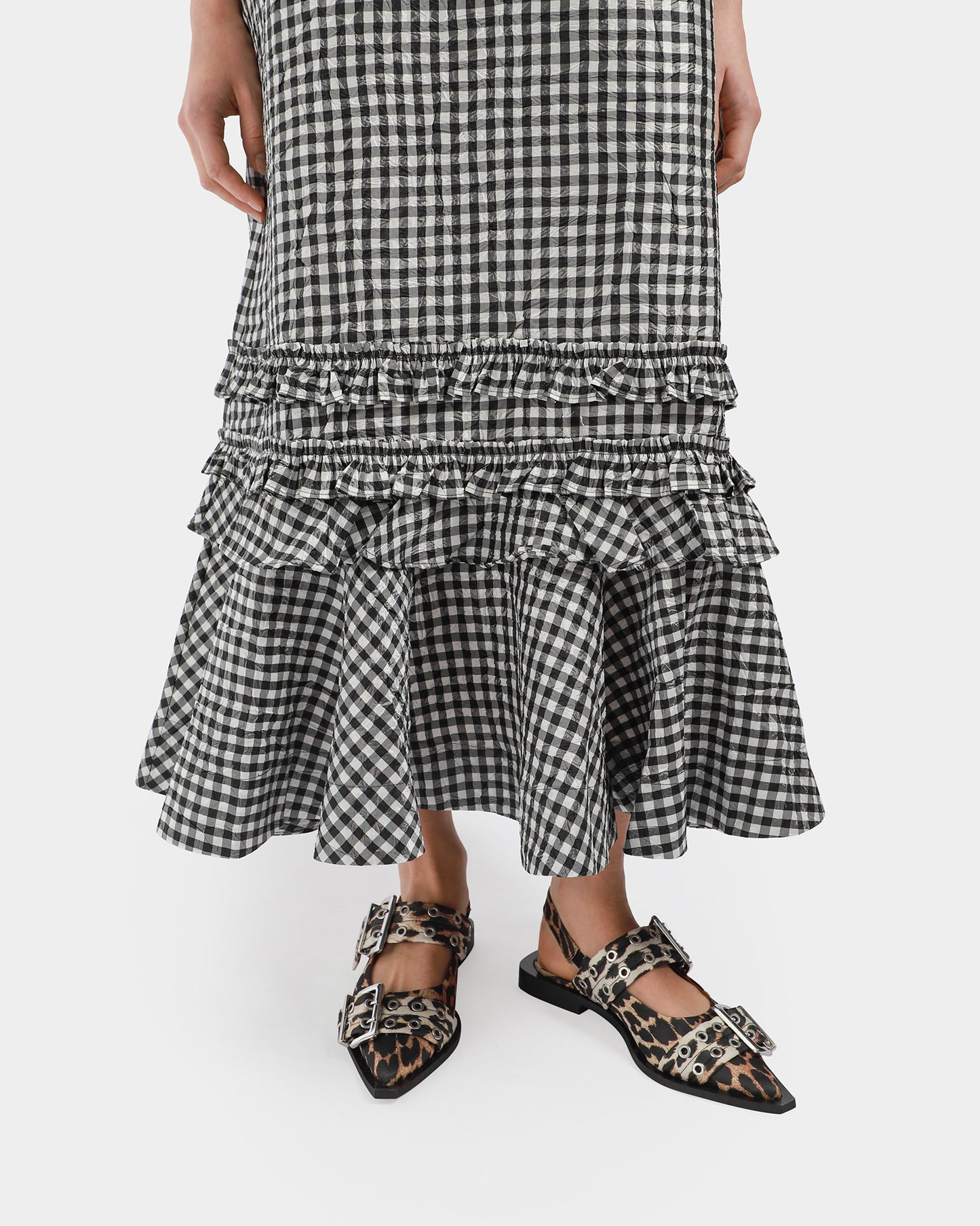 Crinkled Taffeta Check Long Dress