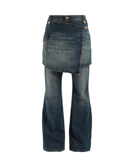 Heavy Washed Denim Flared Skirt Jeans