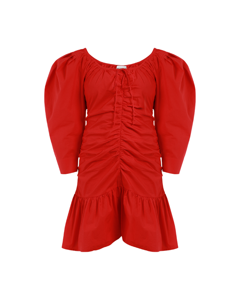 Cotton Poplin Gathered U-neck Mini Dress