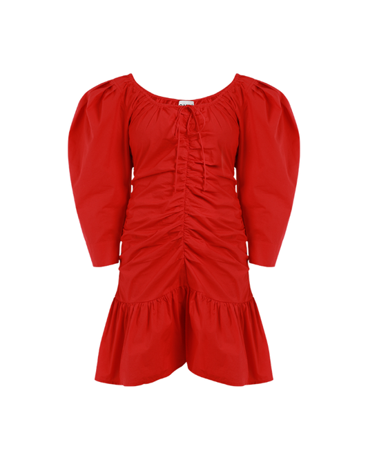 Cotton Poplin Gathered U-neck Mini Dress