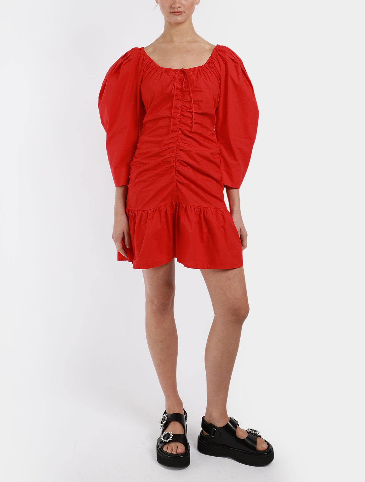 Cotton Poplin Gathered U-neck Mini Dress