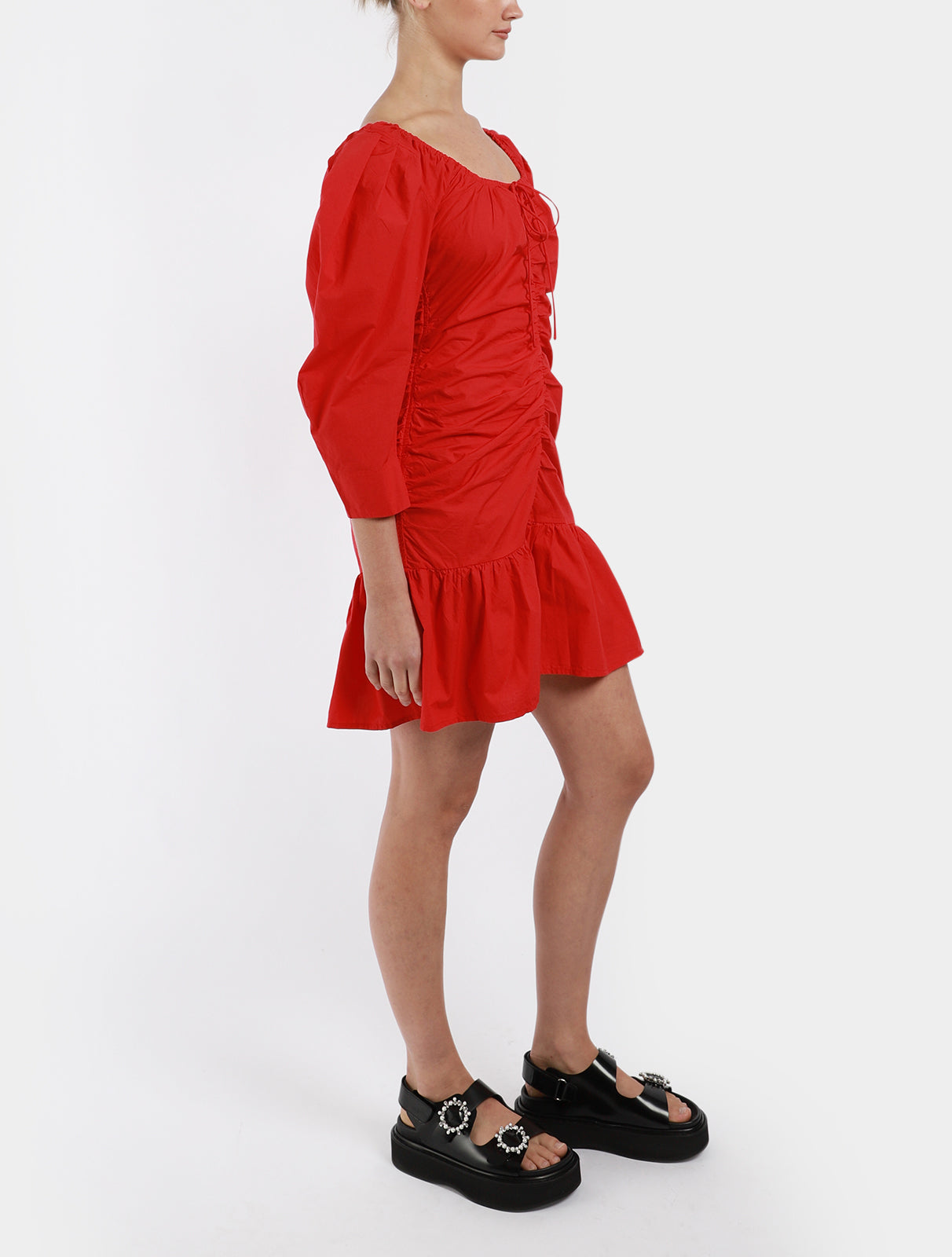 Cotton Poplin Gathered U-neck Mini Dress
