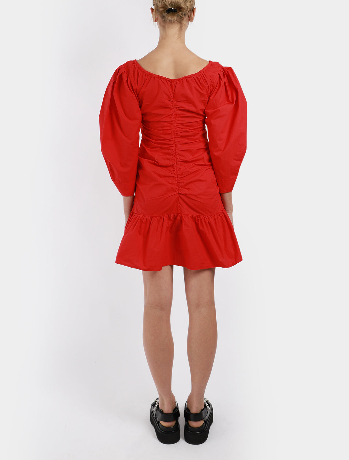 Cotton Poplin Gathered U-neck Mini Dress