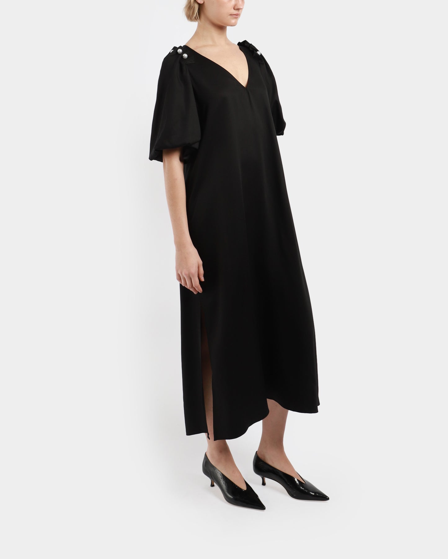 V-Neck Faux Pearl Midi Dress