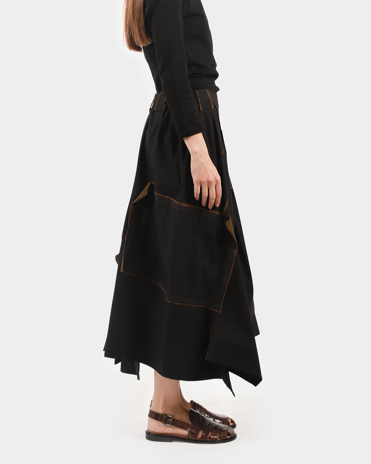 Brown Trim Asymmetrical Skirt