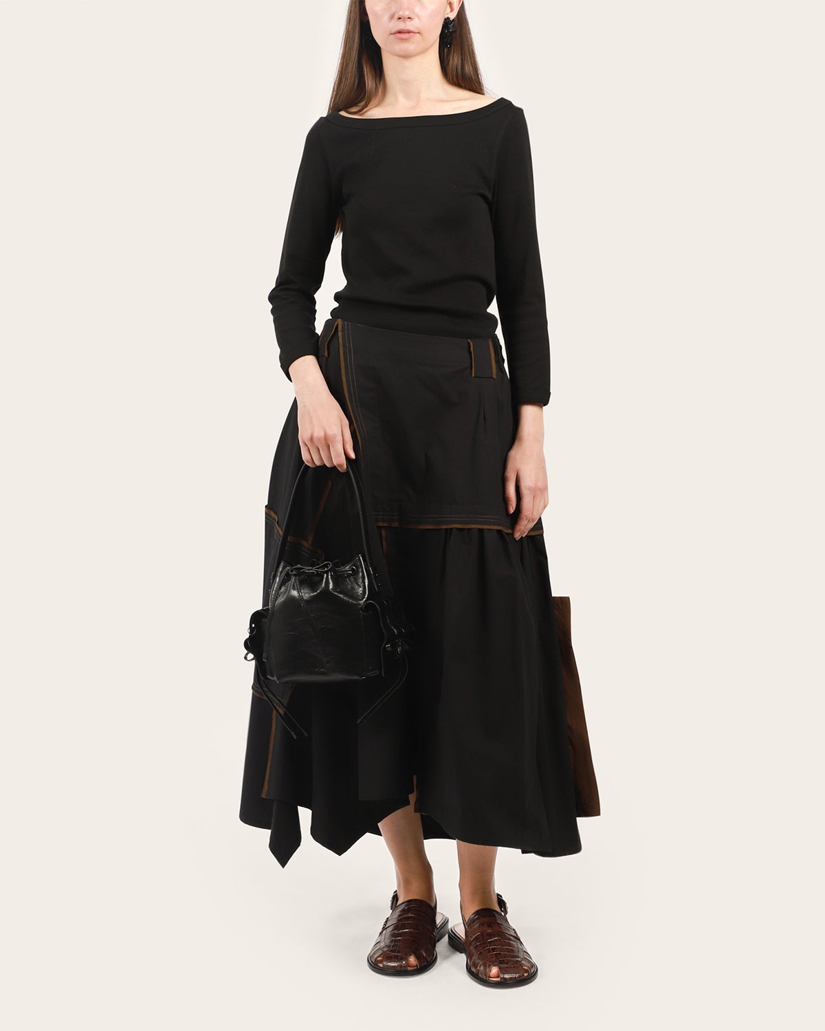Brown Trim Asymmetrical Skirt