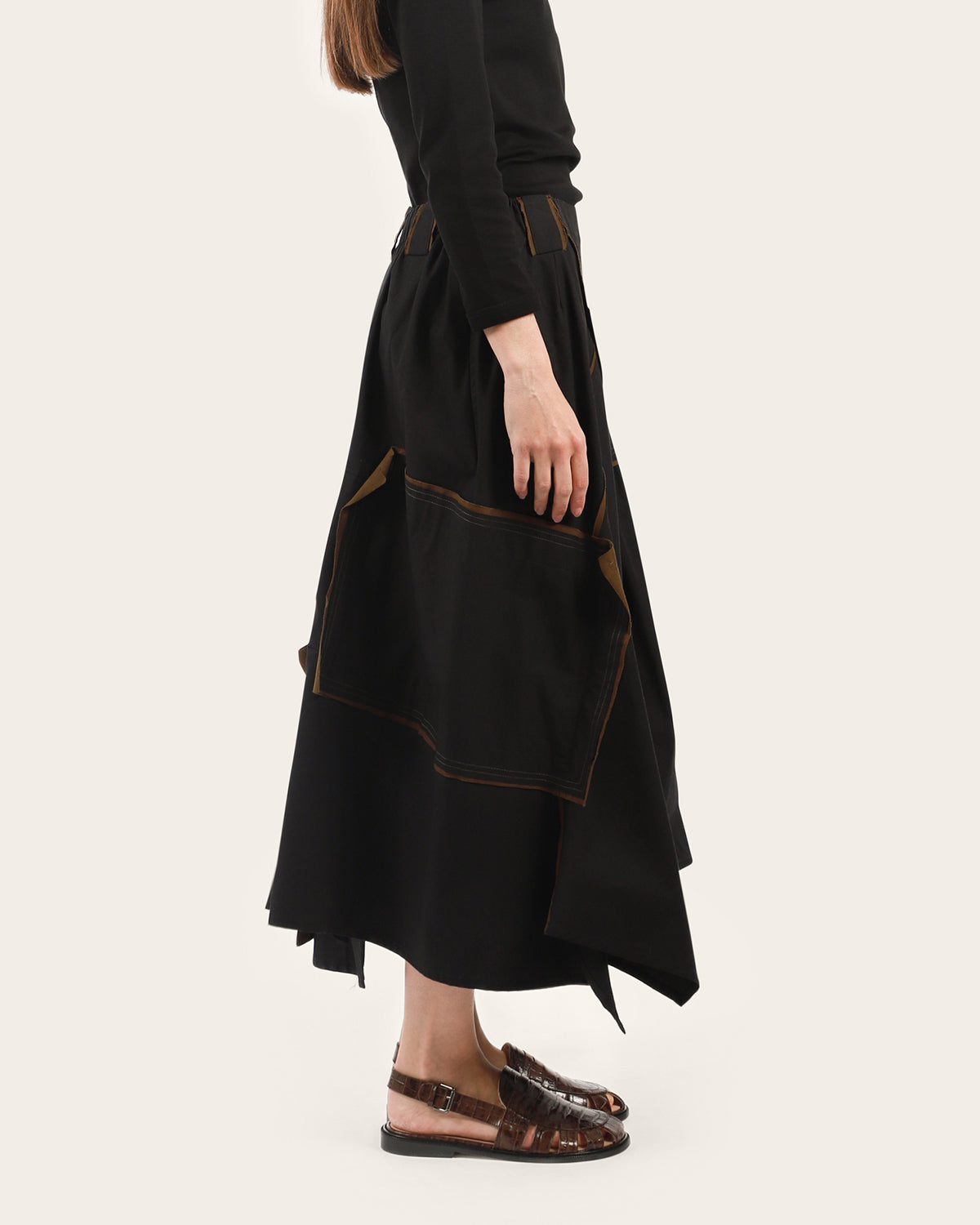 Brown Trim Asymmetrical Skirt