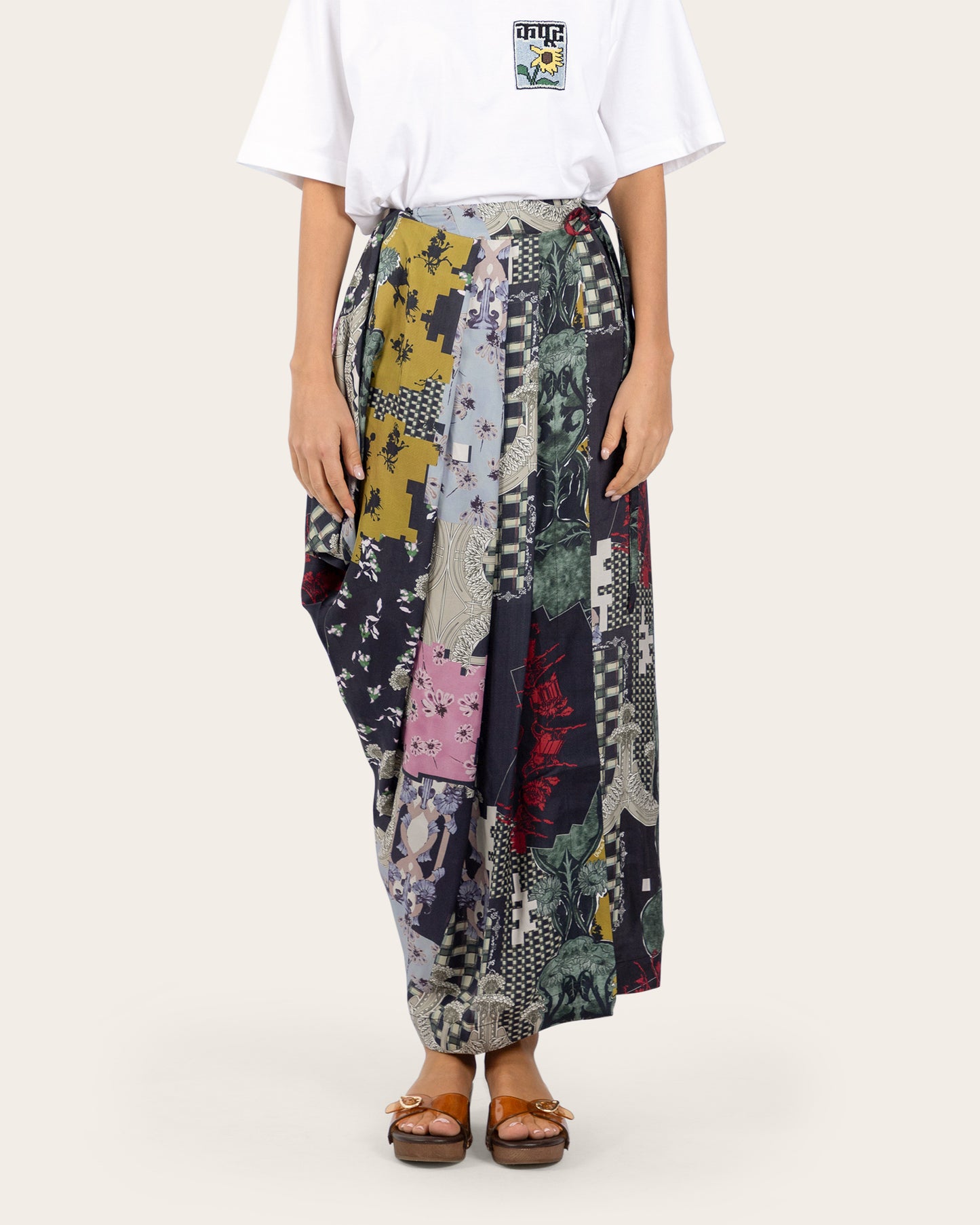 Composite Print Asymmetric Wrap Skirt