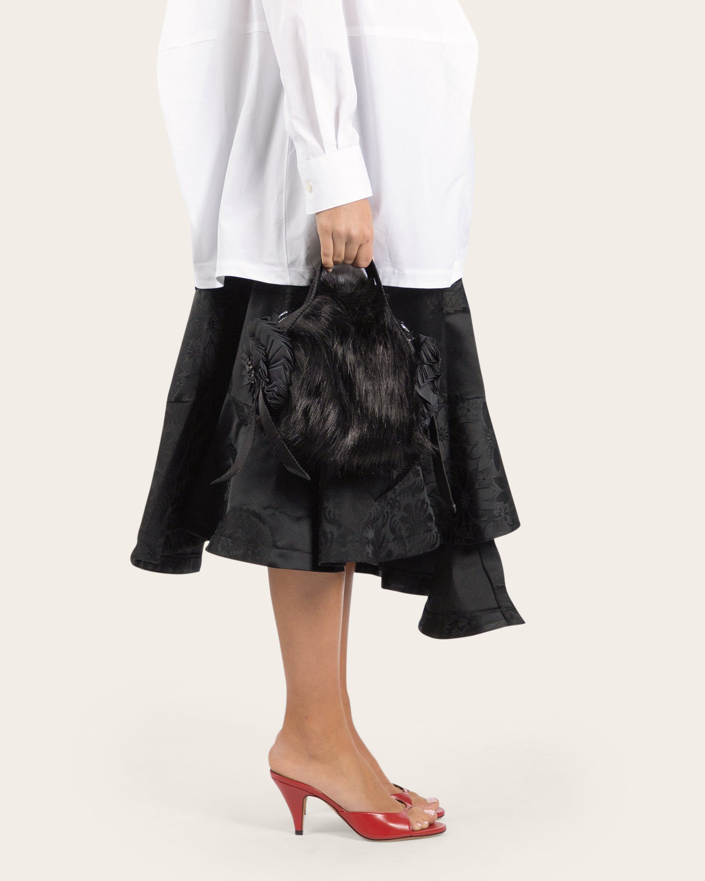 Embellished Mini Faux Fur Double Ribbon Rosette Bag