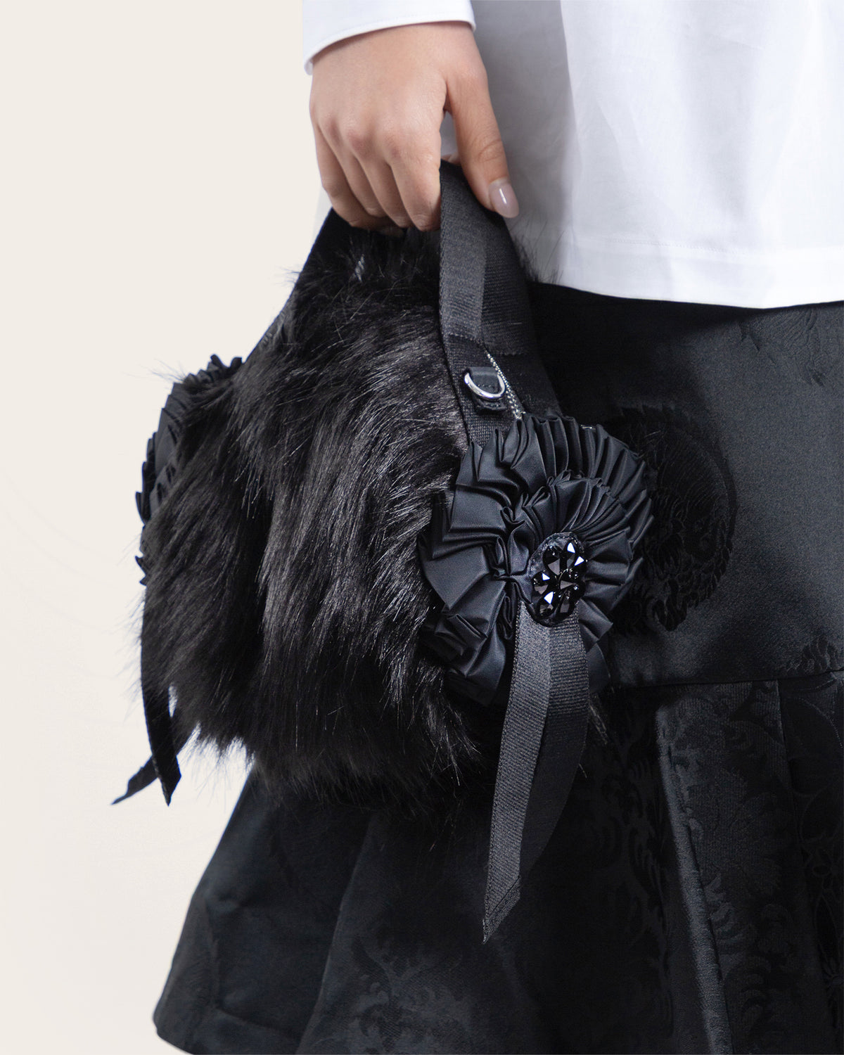 Embellished Mini Faux Fur Double Ribbon Rosette Bag