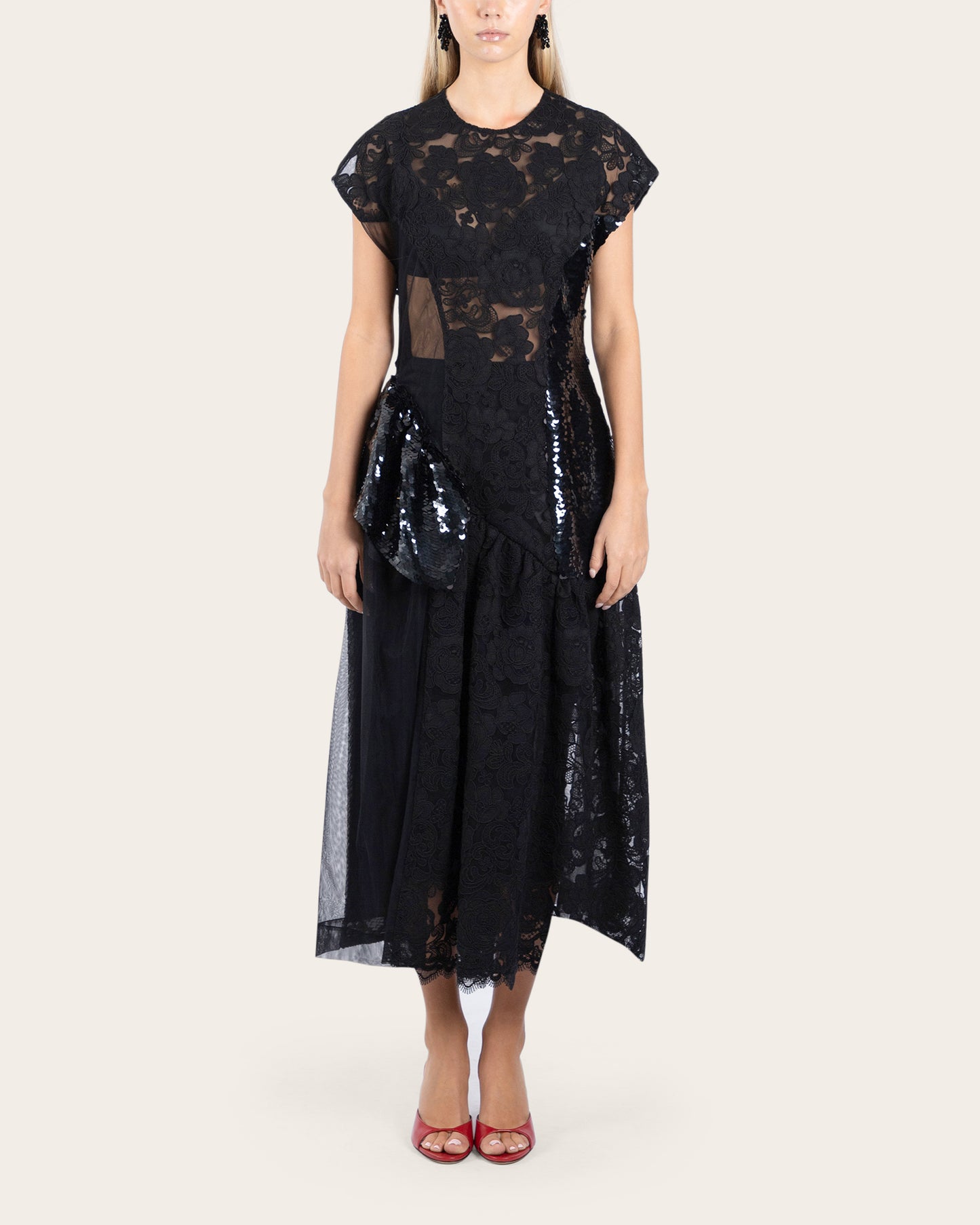 Patchwork Cap Sleeve Ruffle Detail Dress