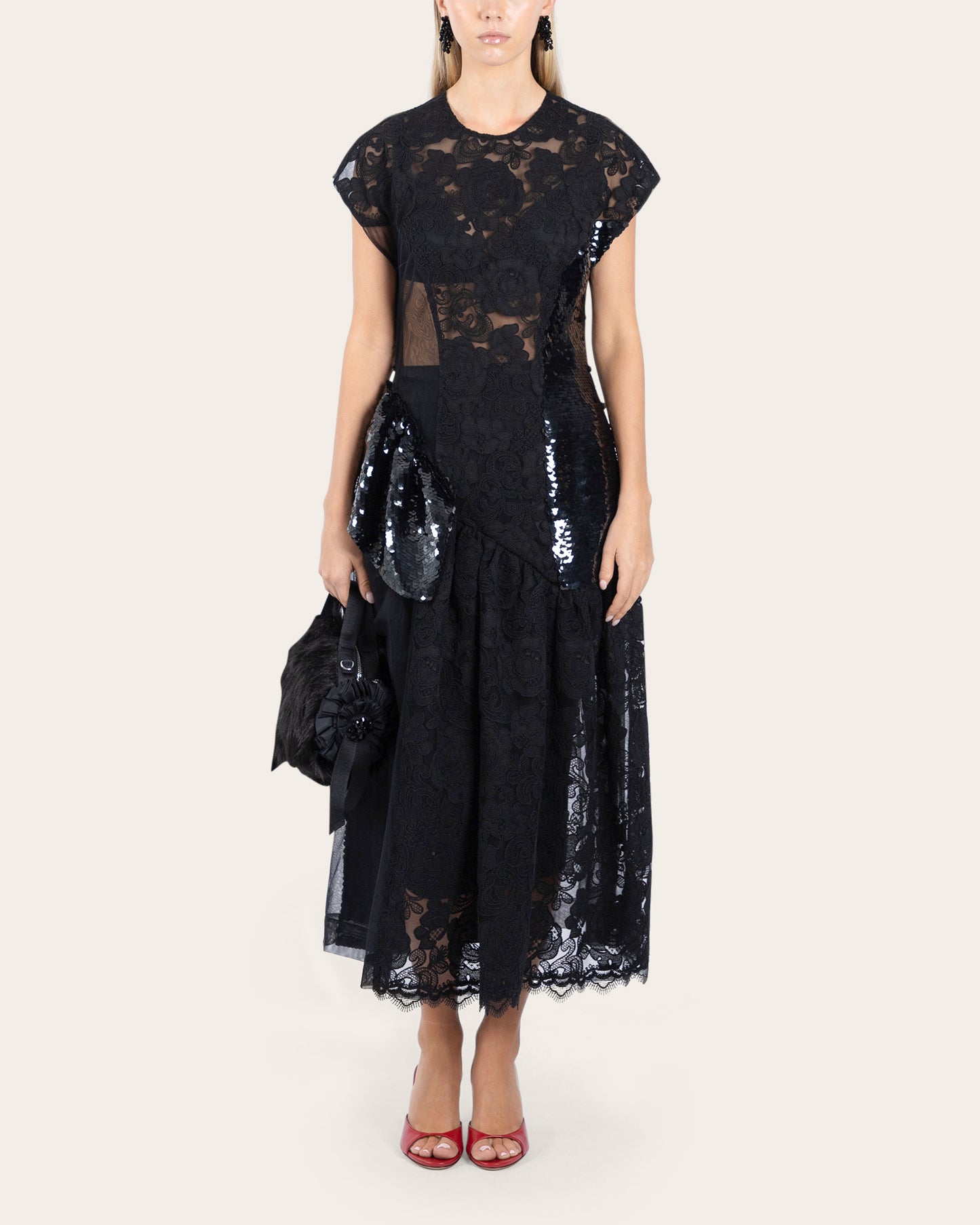 Patchwork Cap Sleeve Ruffle Detail Dress