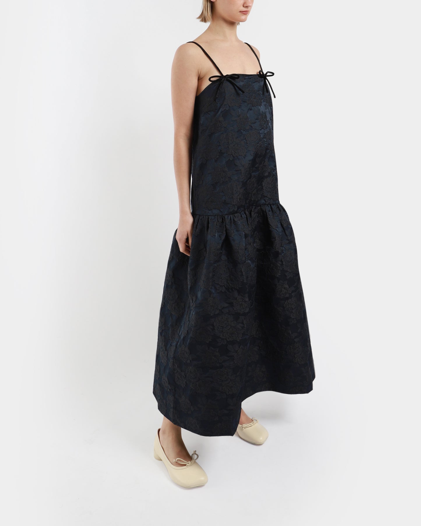 Botanical Jacquard Strap Midi Dress