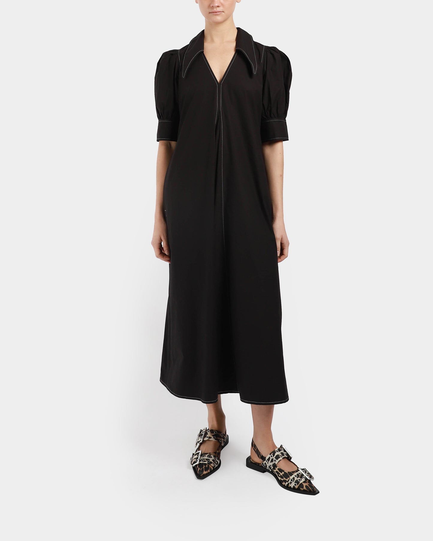 Cotton Poplin V-Neck Maxi Dress