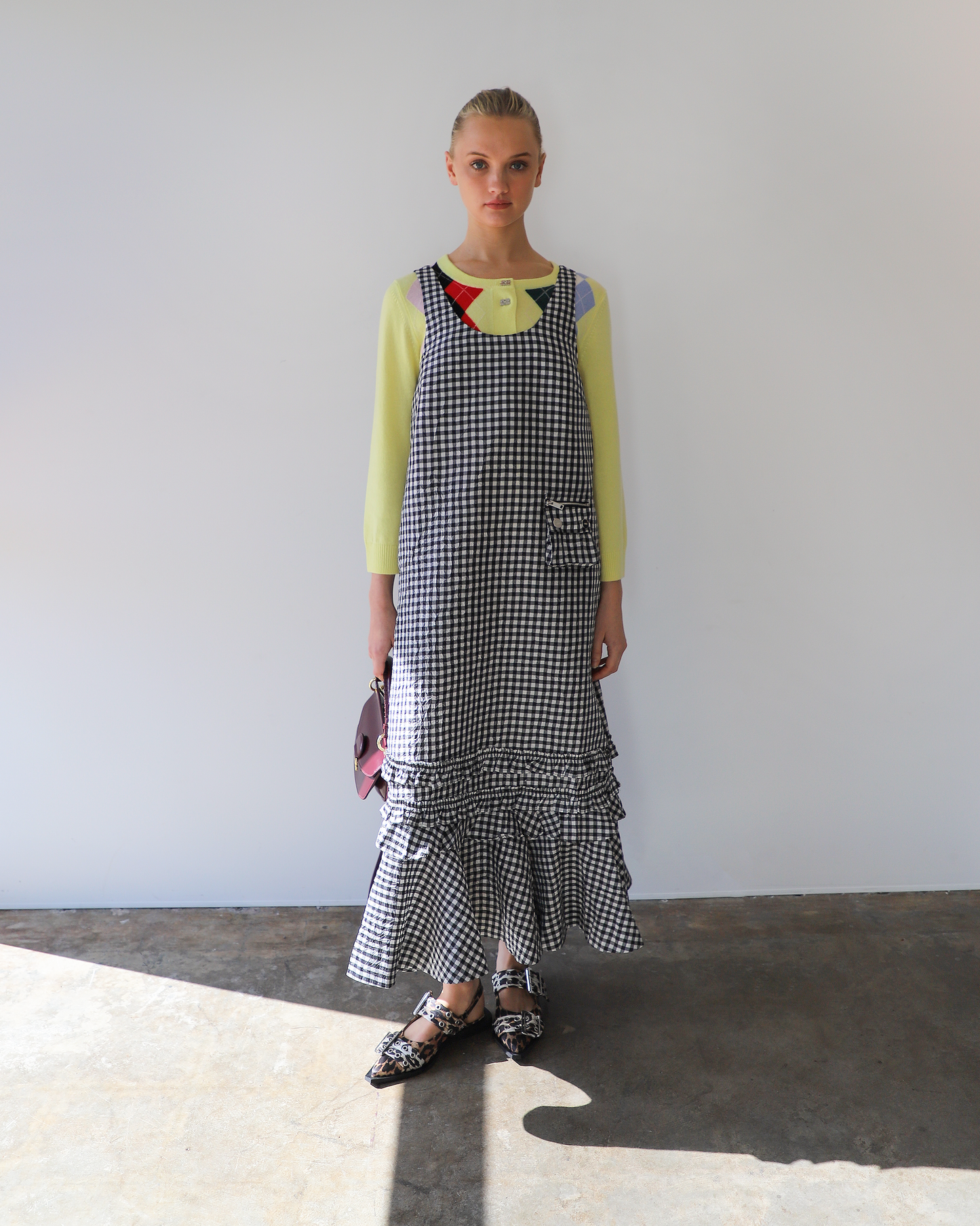 Crinkled Taffeta Check Long Dress