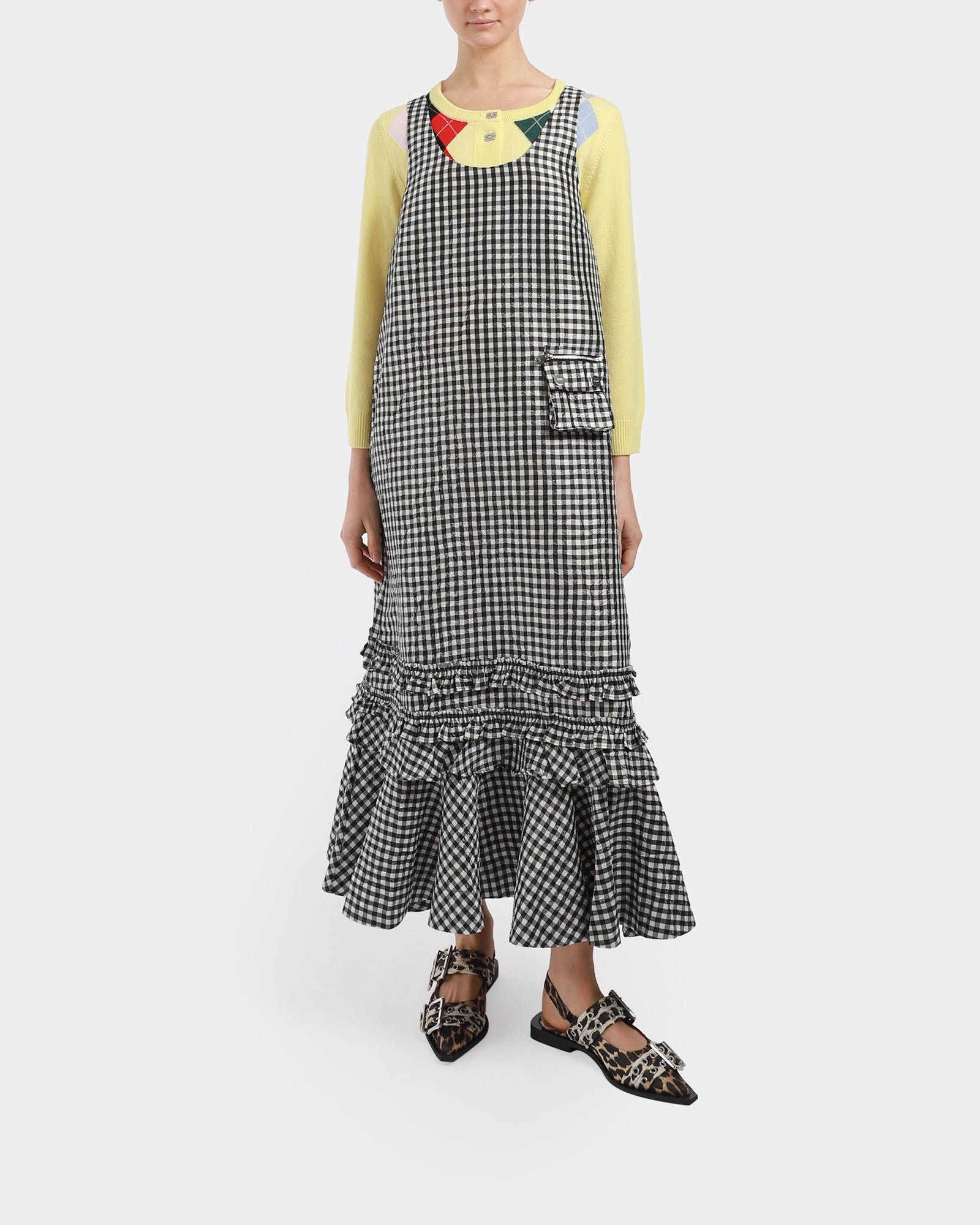 ワンピース Ganni 'Crinkled Check Long' dress Black Crinkled Check Long Dress | GANNI US