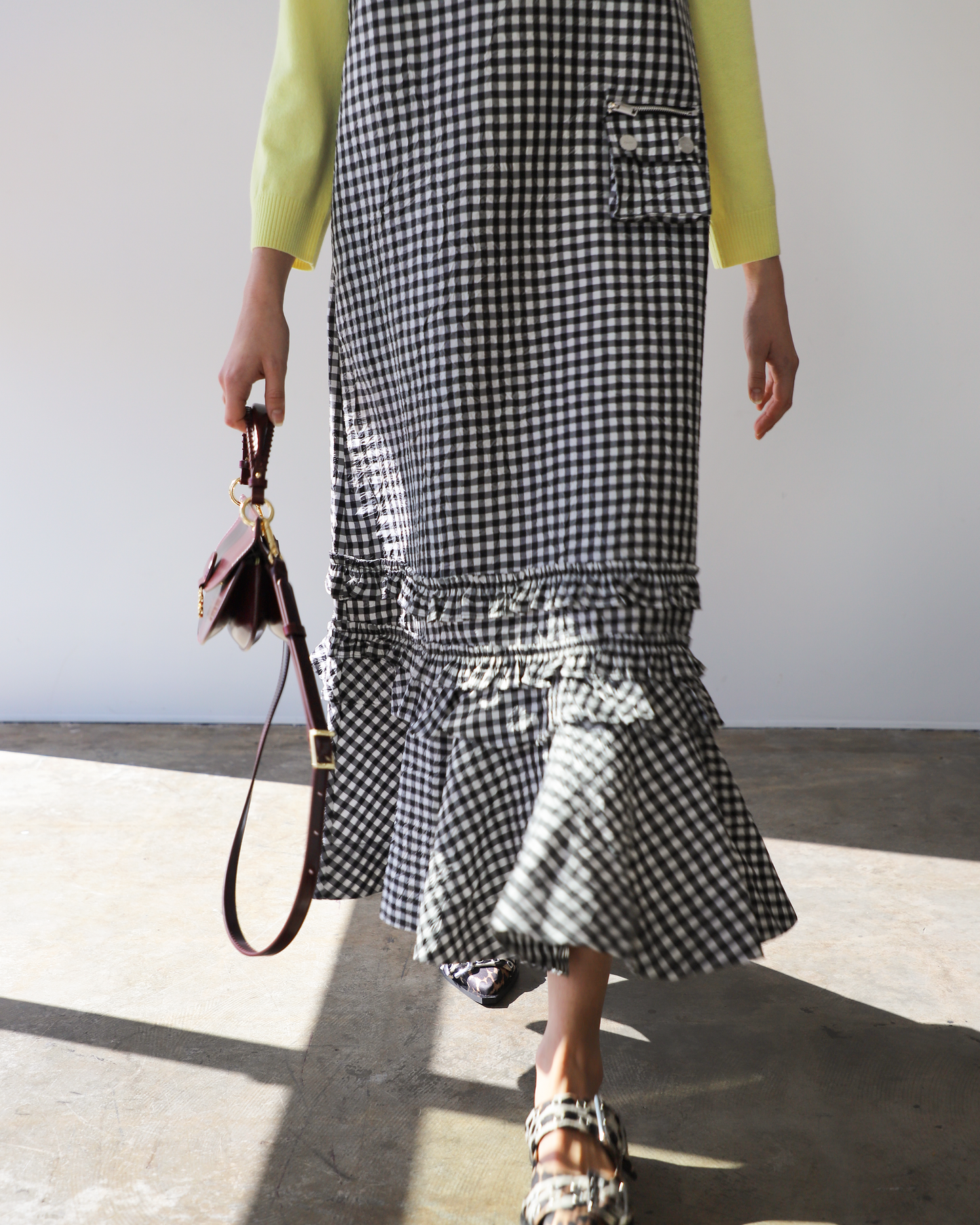 Crinkled Taffeta Check Long Dress