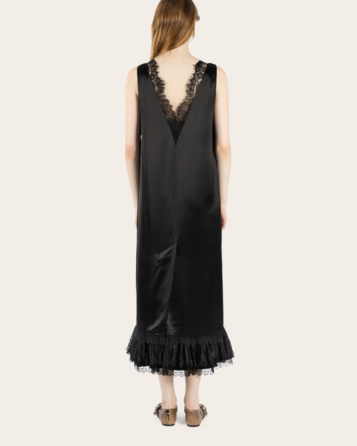 Fluid Satin Lace Frill Long Dress