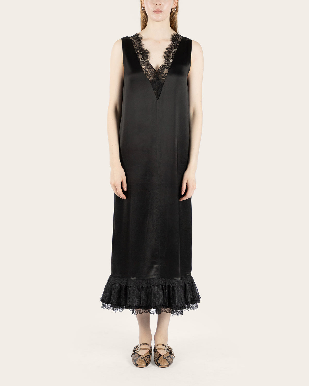 Fluid Satin Lace Frill Long Dress