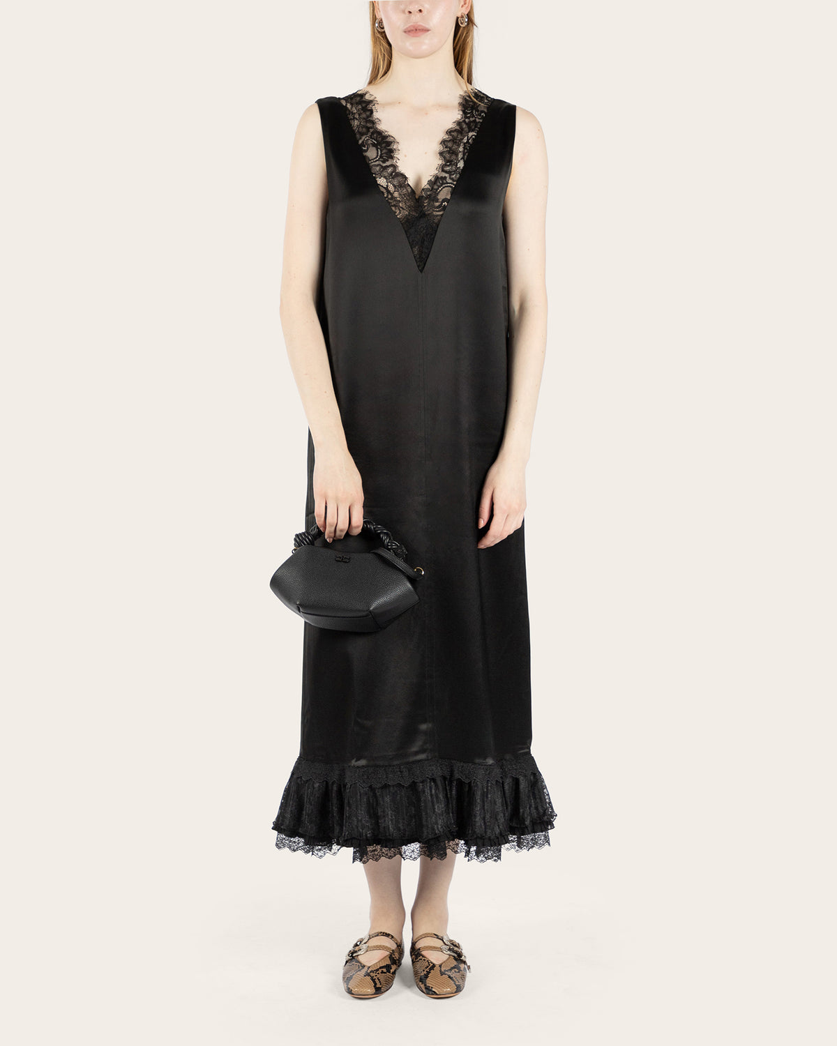 Fluid Satin Lace Frill Long Dress