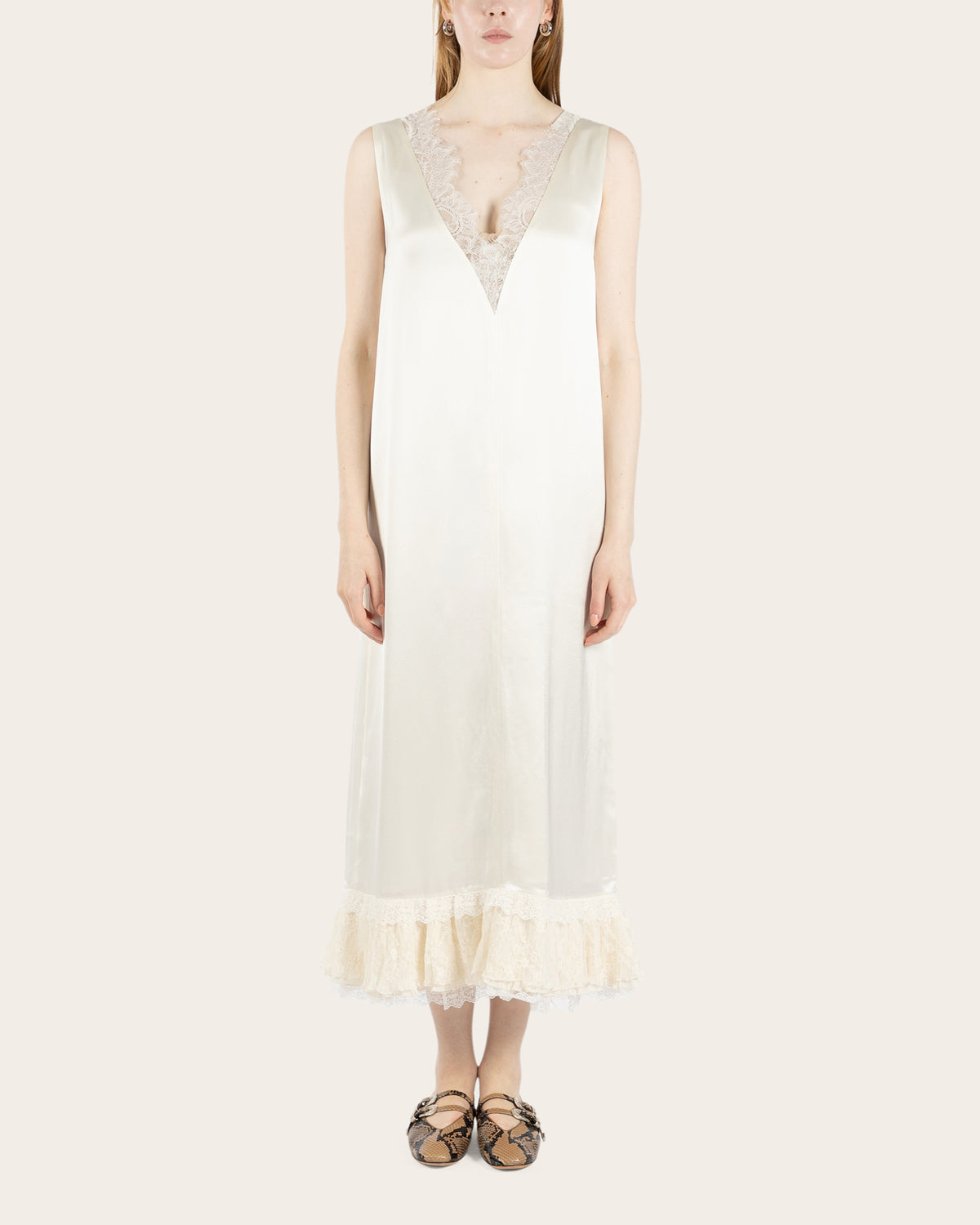 Fluid Satin Lace Frill Long Dress