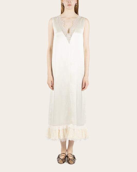 Fluid Satin Lace Frill Long Dress