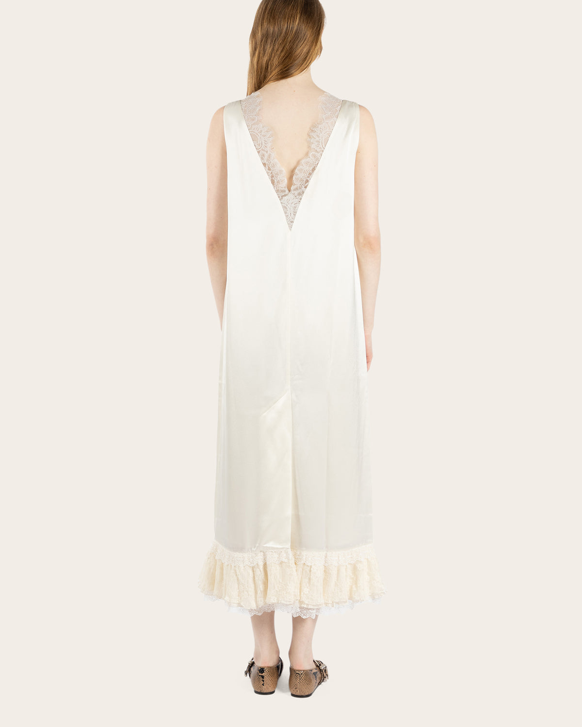 Fluid Satin Lace Frill Long Dress
