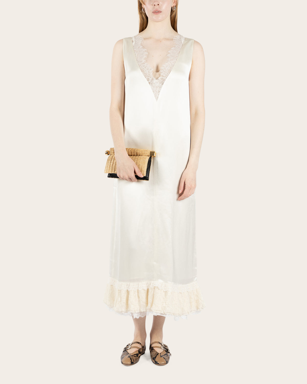 Fluid Satin Lace Frill Long Dress