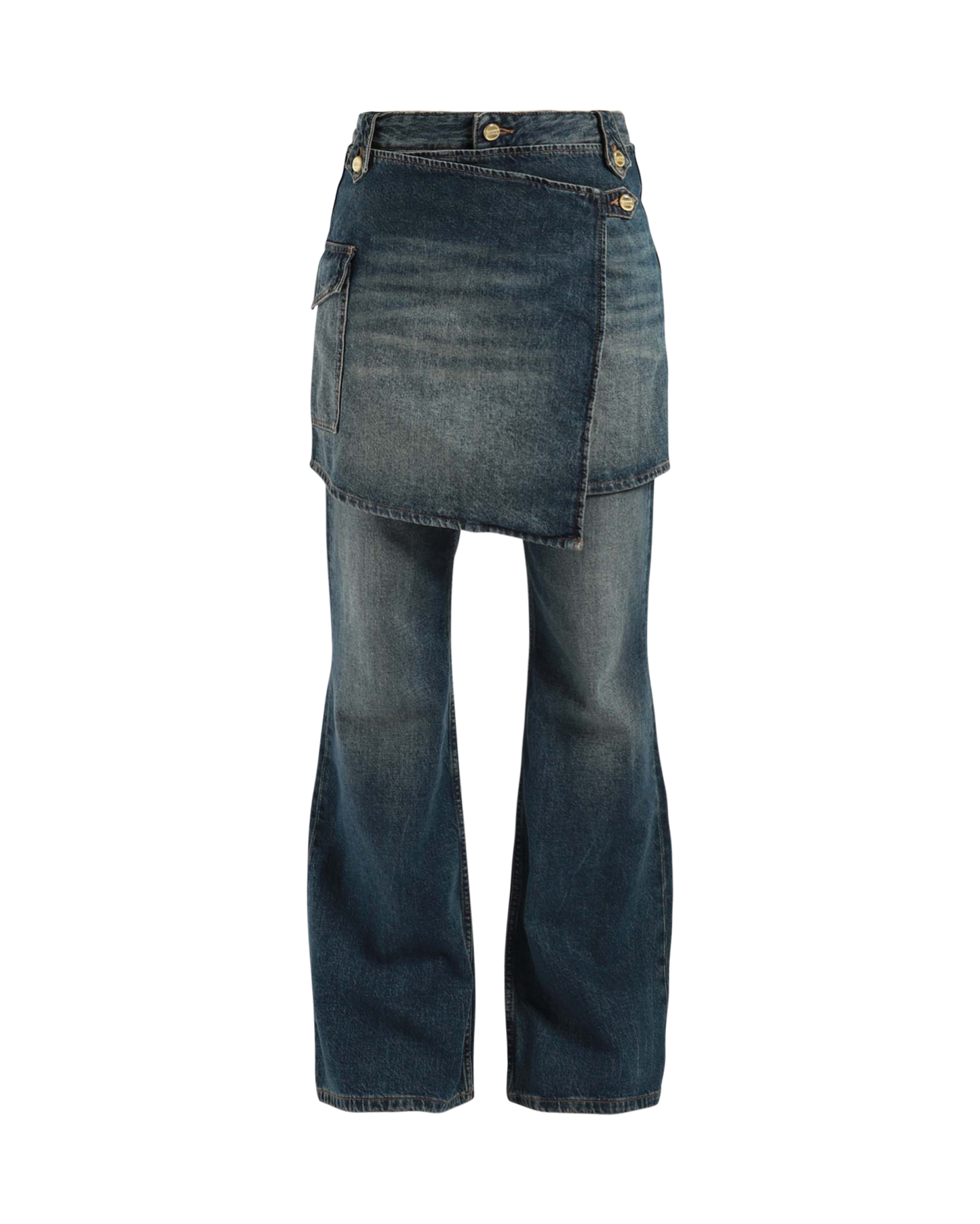 Heavy Washed Denim Flared Skirt Jeans