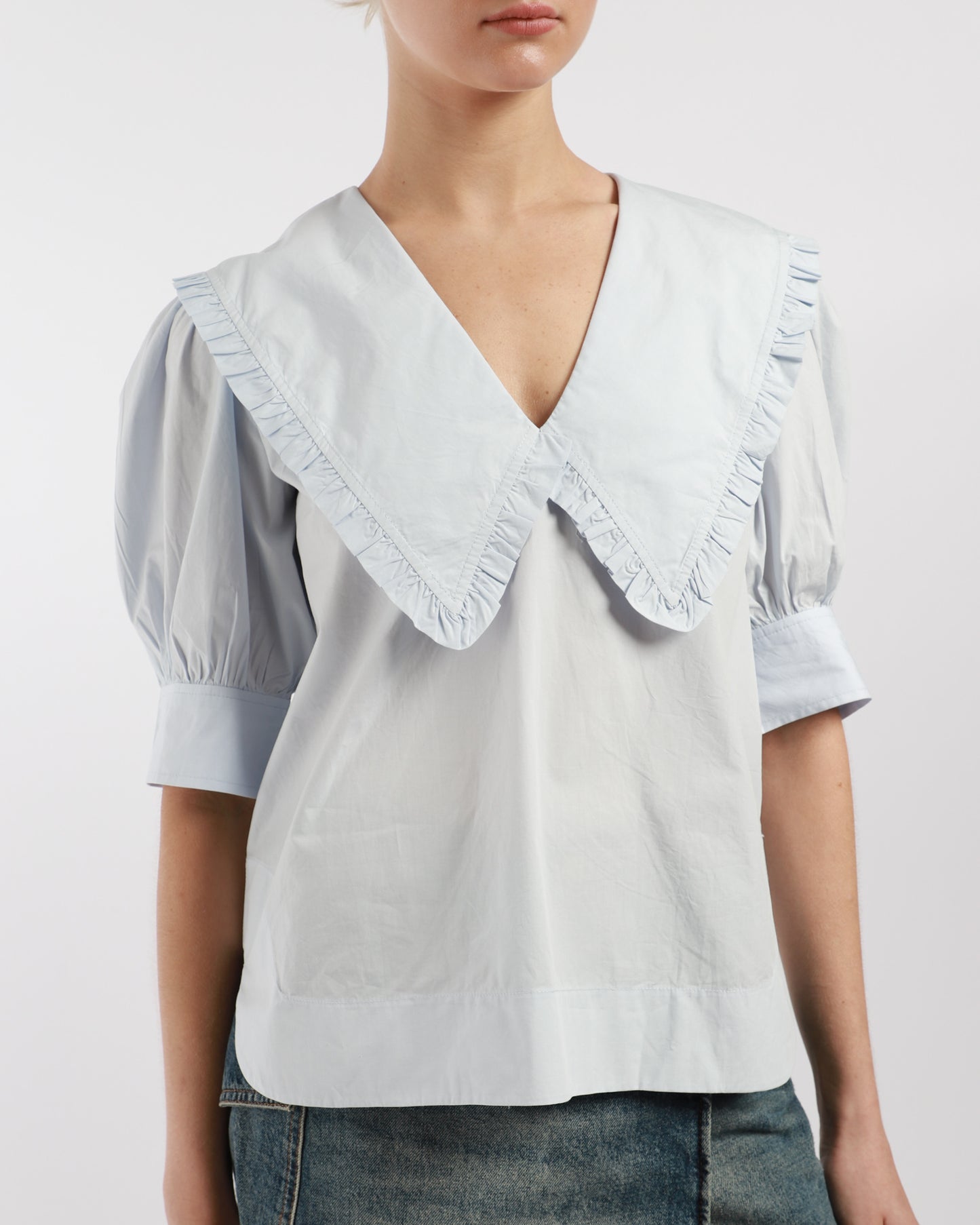 Poplin V-Neck Ruffle Blouse