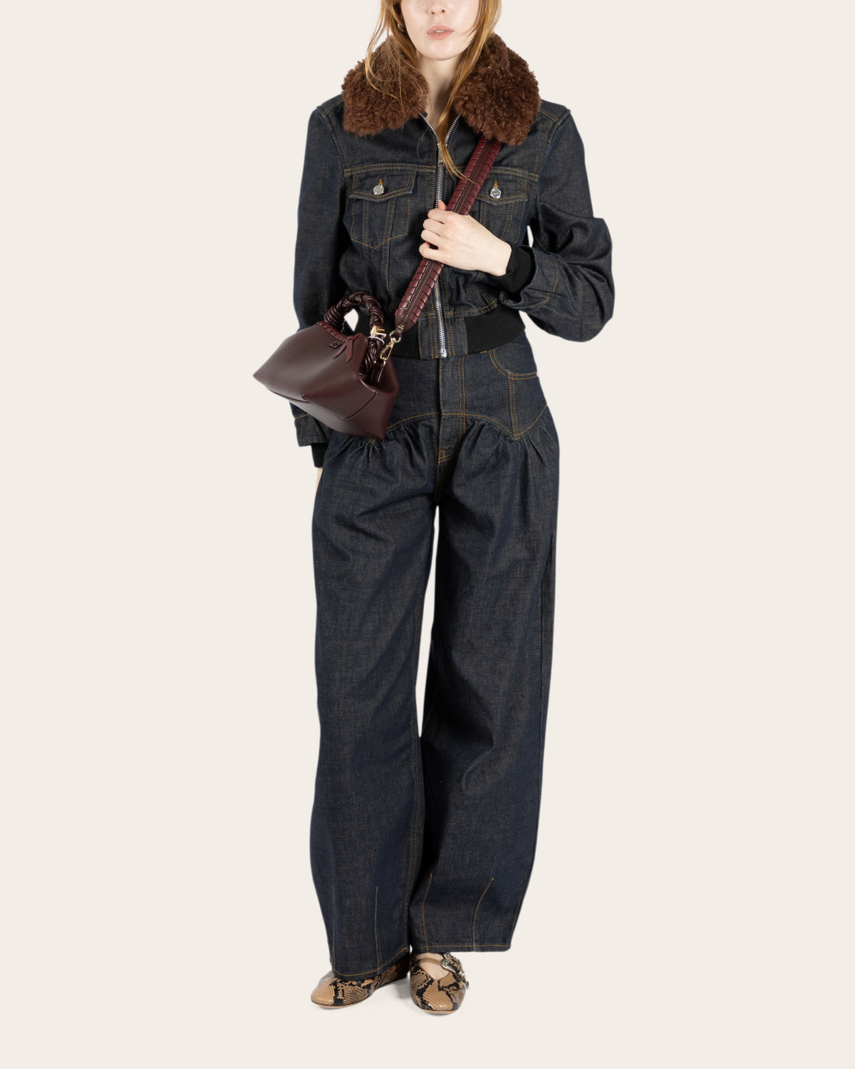 Slub Denim Cropped Bomber Jacket