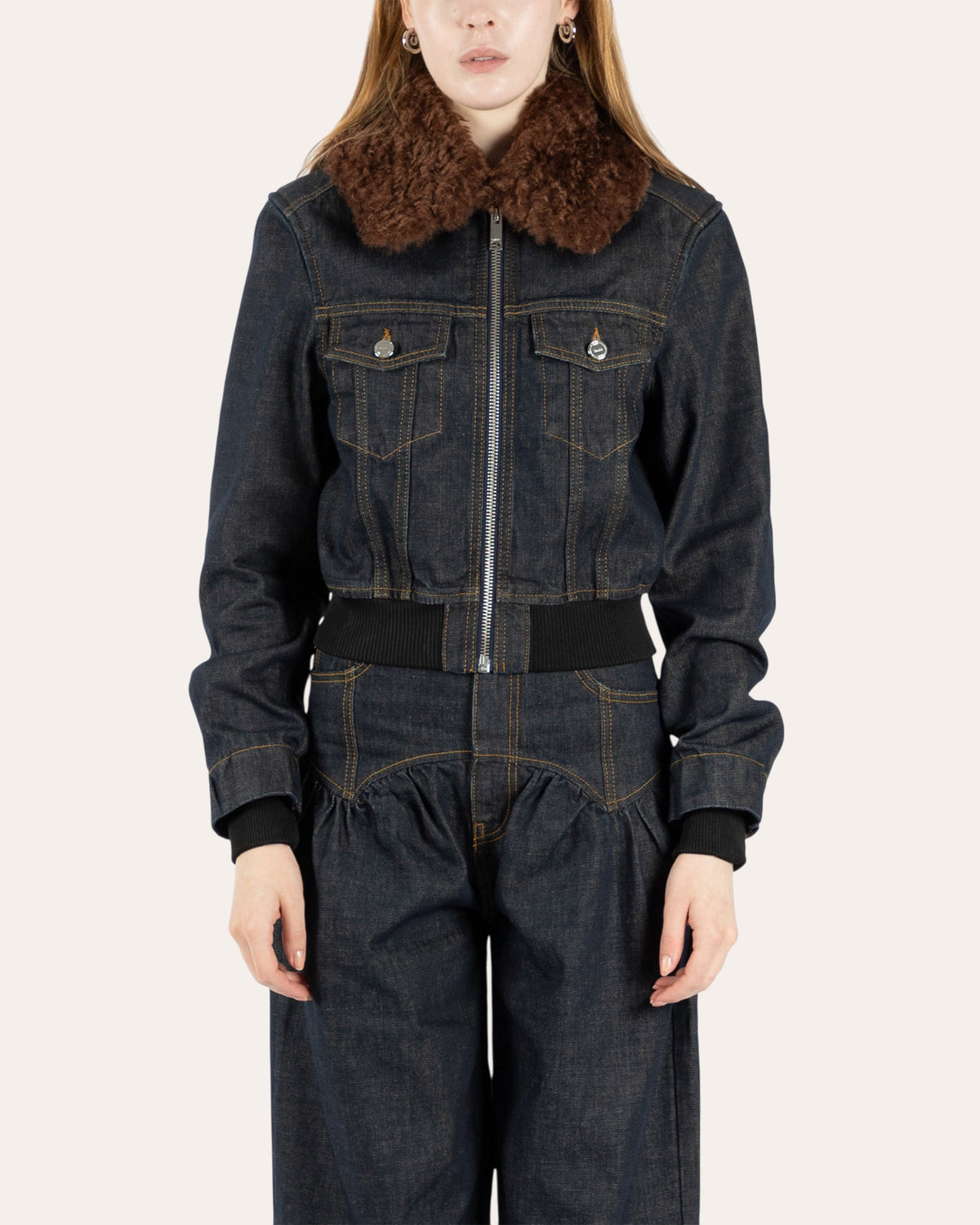 Slub Denim Cropped Bomber Jacket