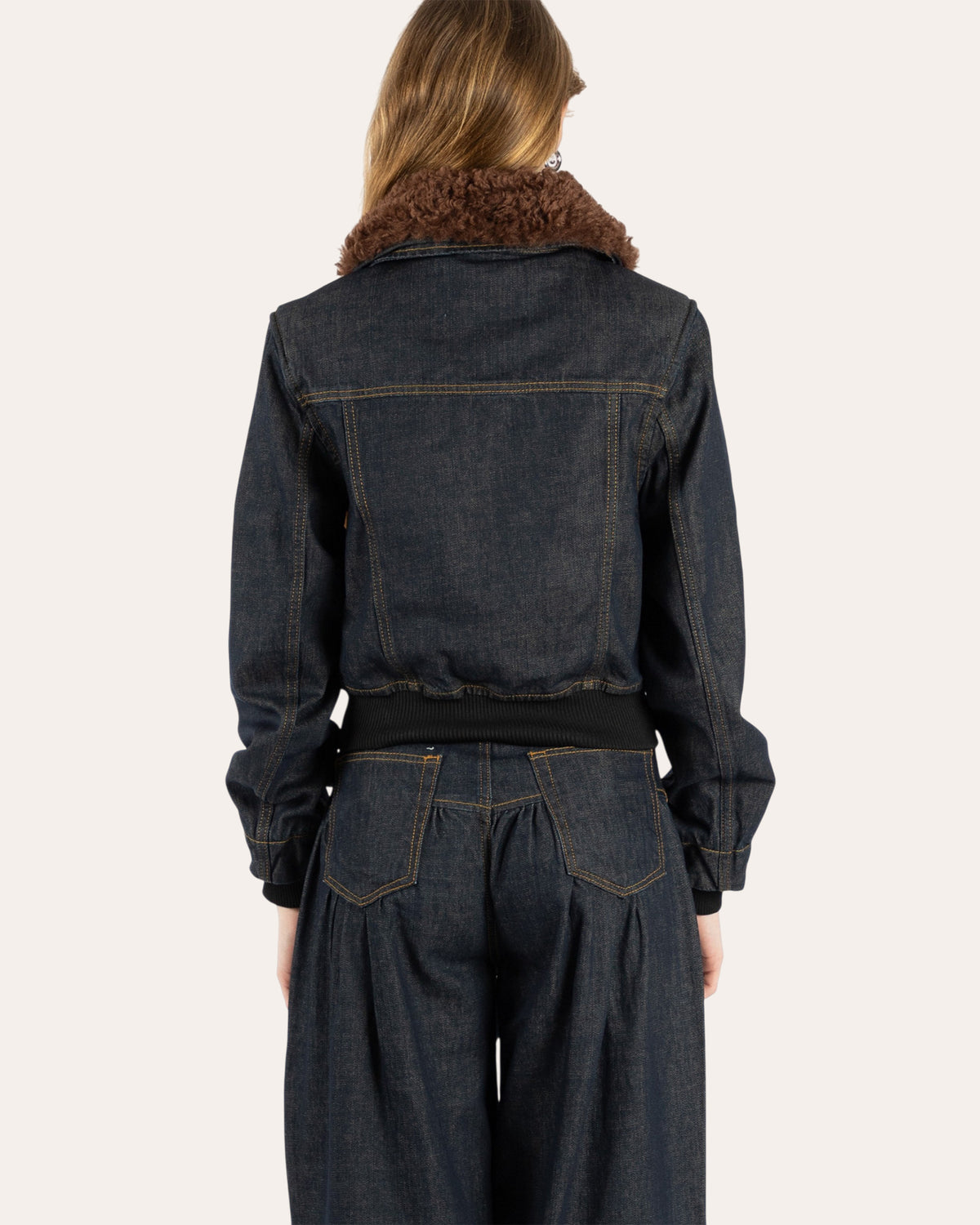 Slub Denim Cropped Bomber Jacket