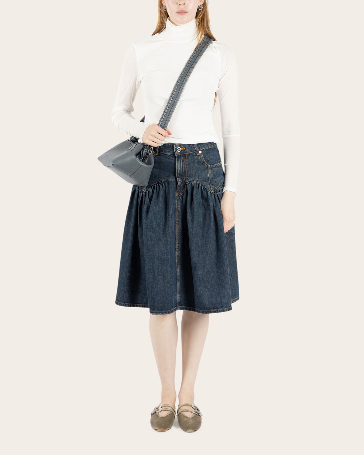 Slub Denim Midi Skirt
