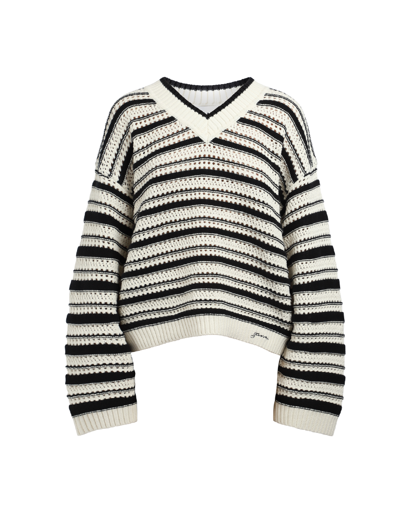 Striped Pointelle V-Neck