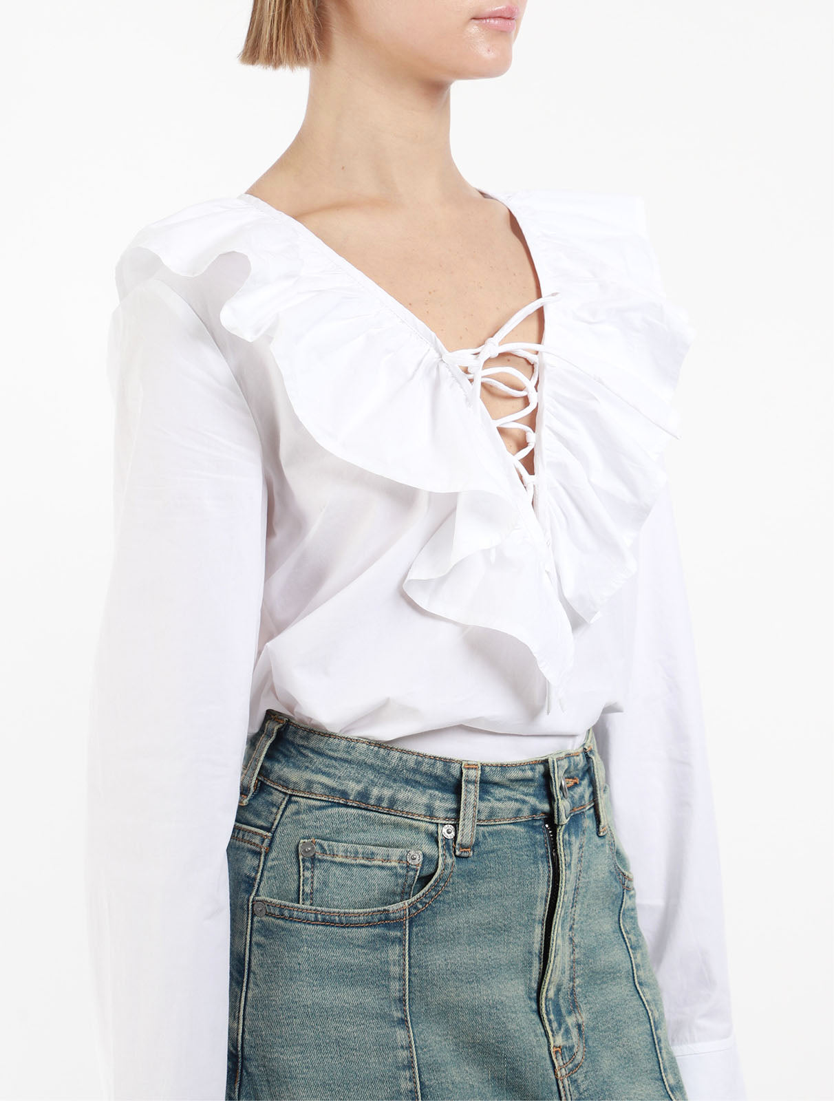 Ruffle V-Neck Tie Blouse