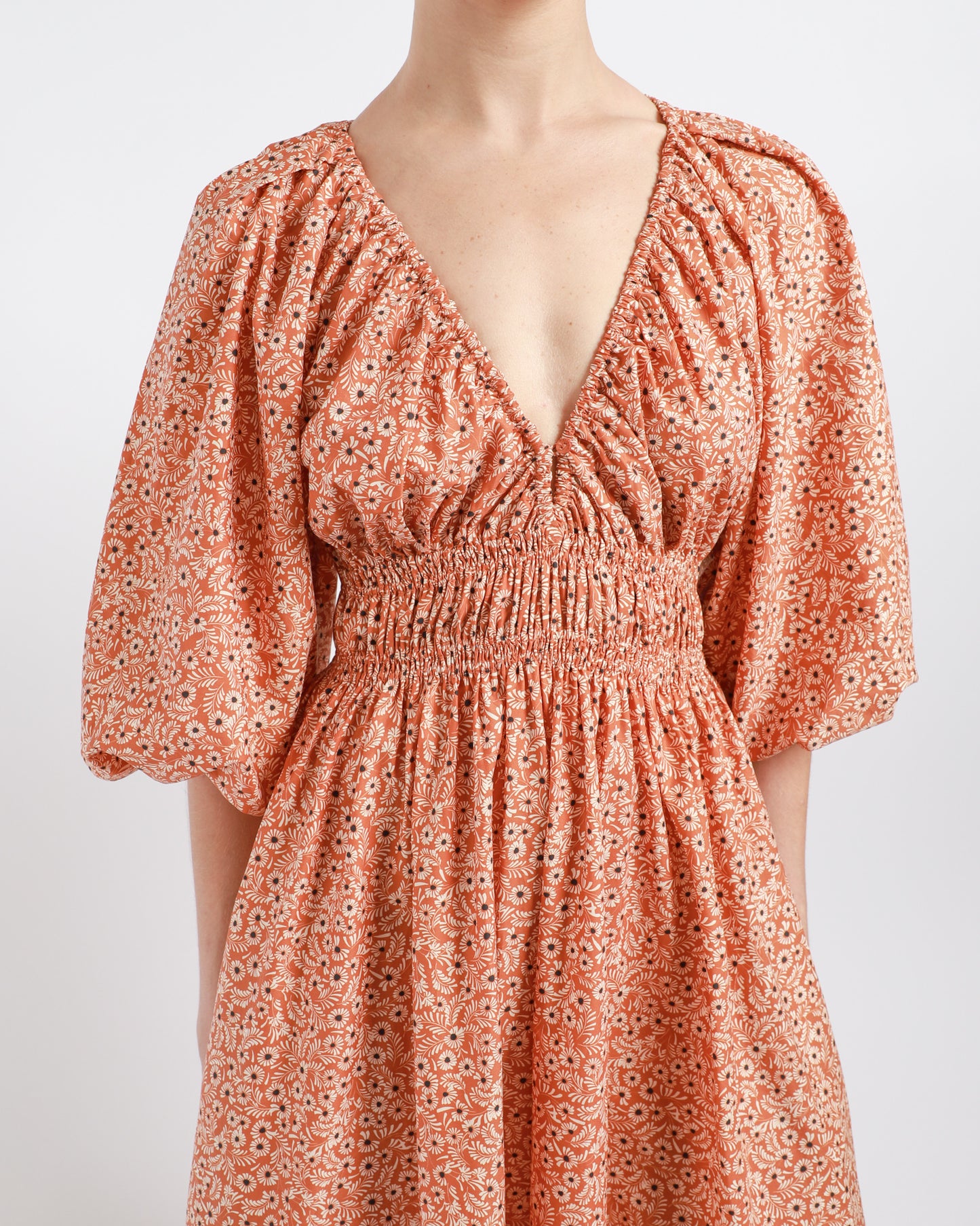 Shirred Plunge Button Dress