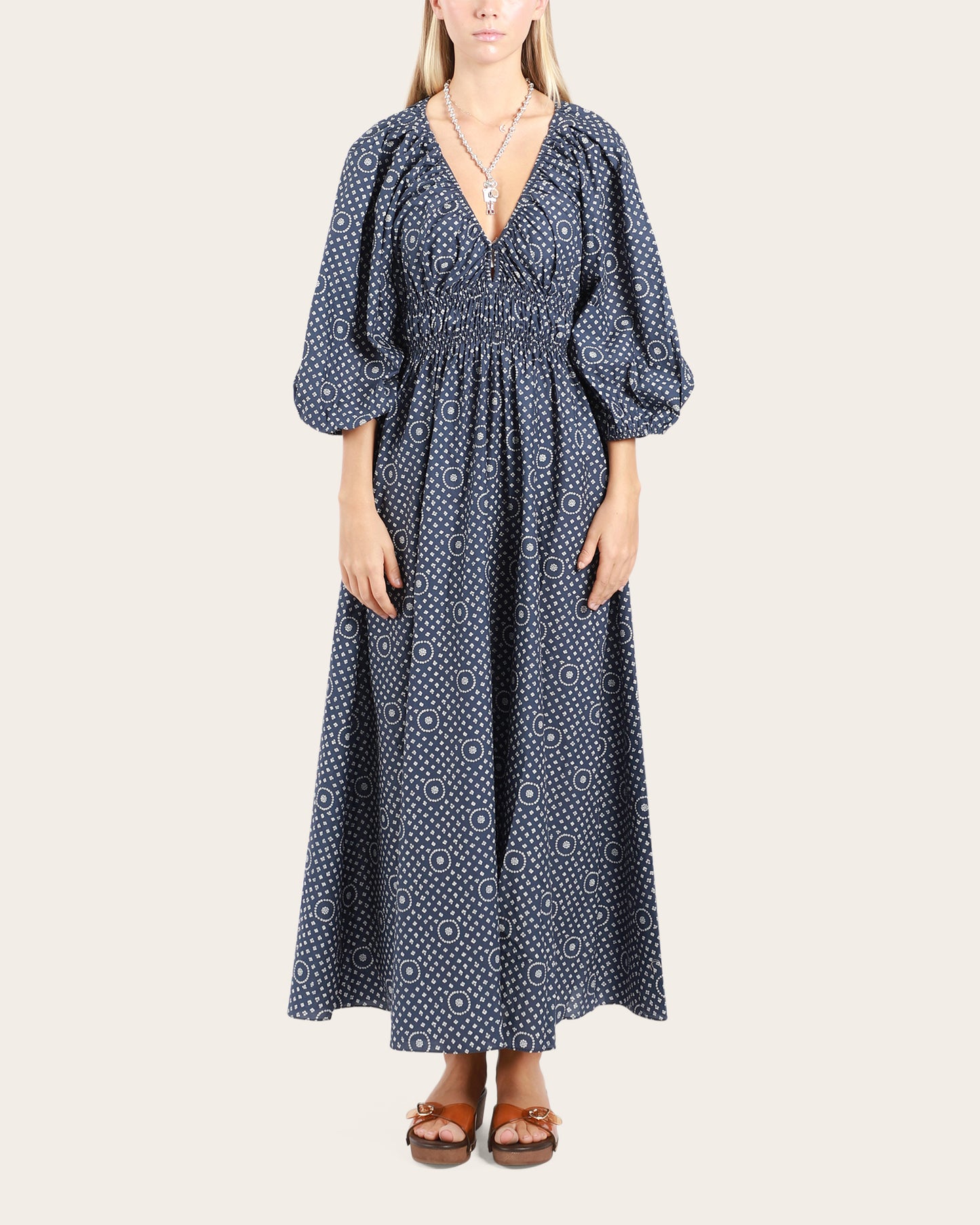 Shirred Plunge Button Dress