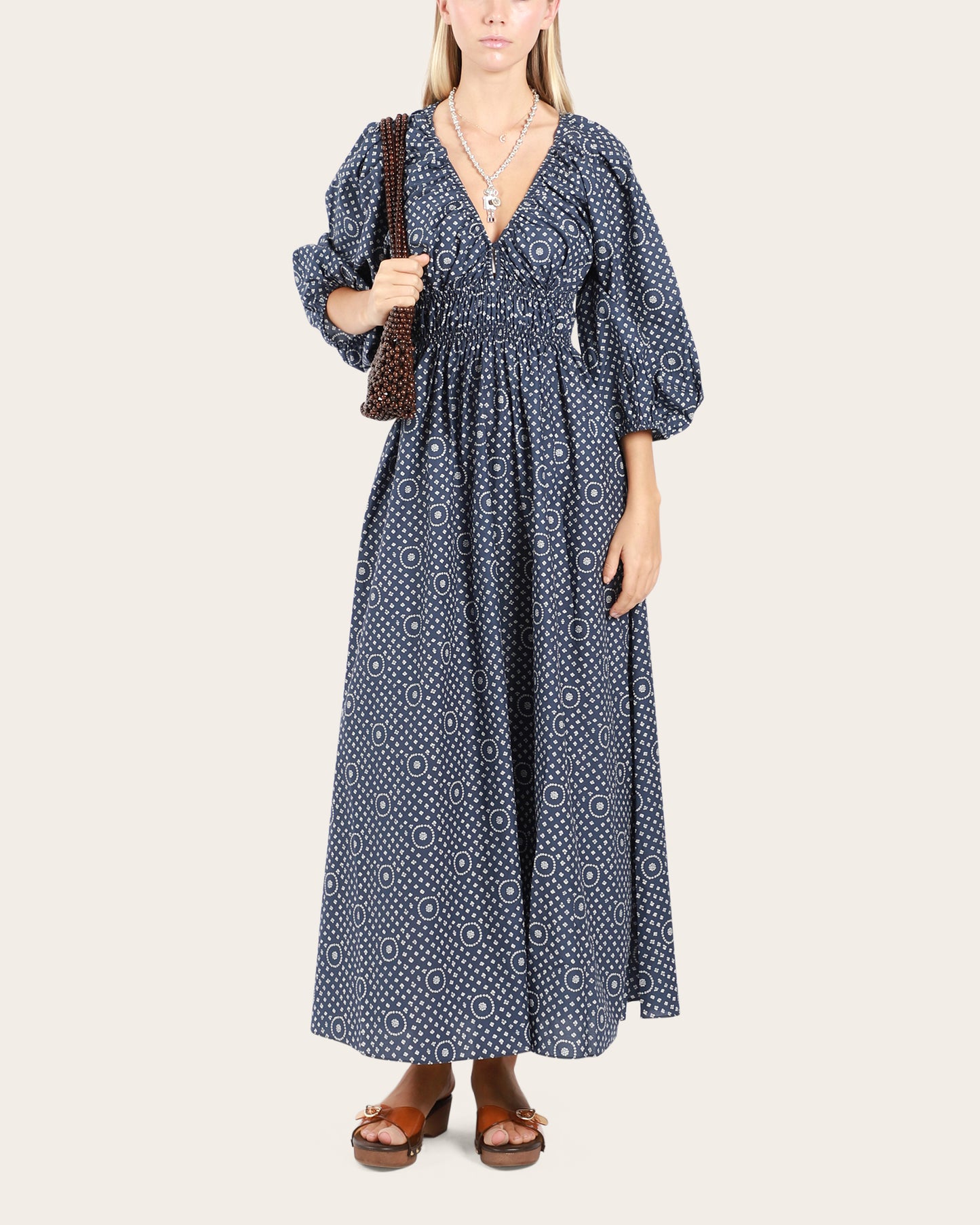 Shirred Plunge Button Dress