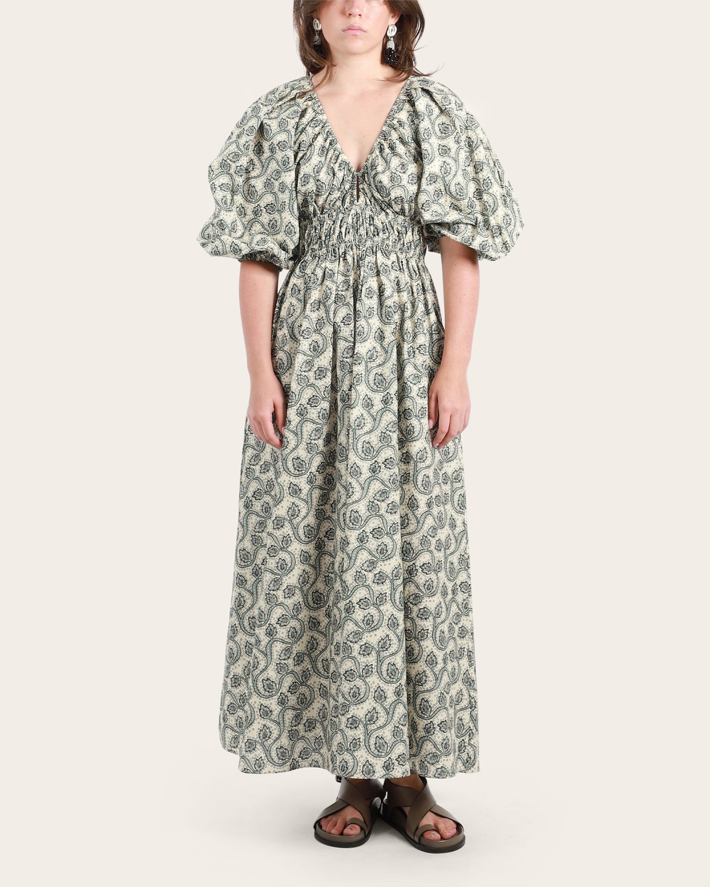 Shirred Plunge Button Dress