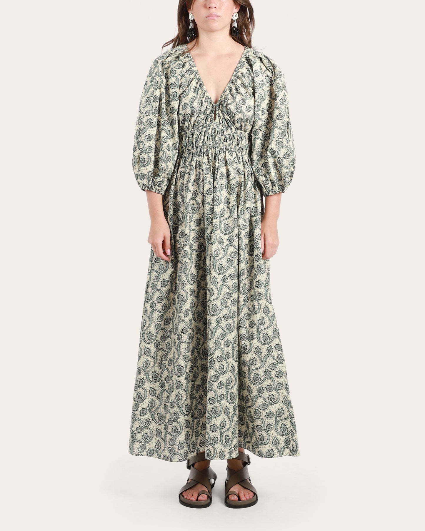 Shirred Plunge Button Dress