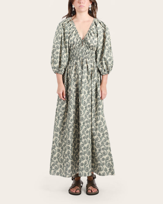 Shirred Plunge Button Dress