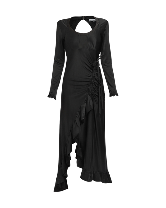 paco-rabanne-ruffle-satin-dress-black