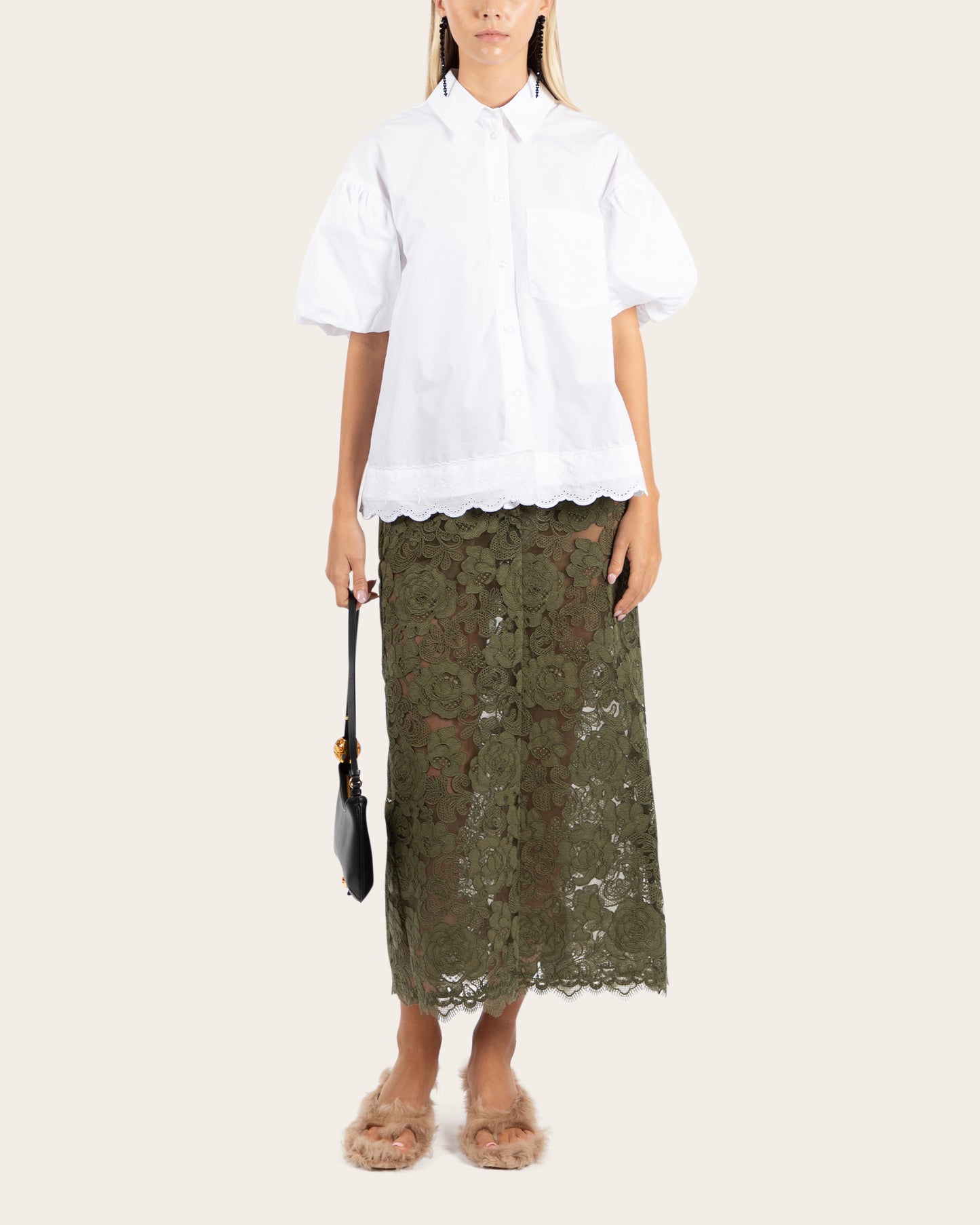 Cropped Puff Sleeve Lace Trim Shirt