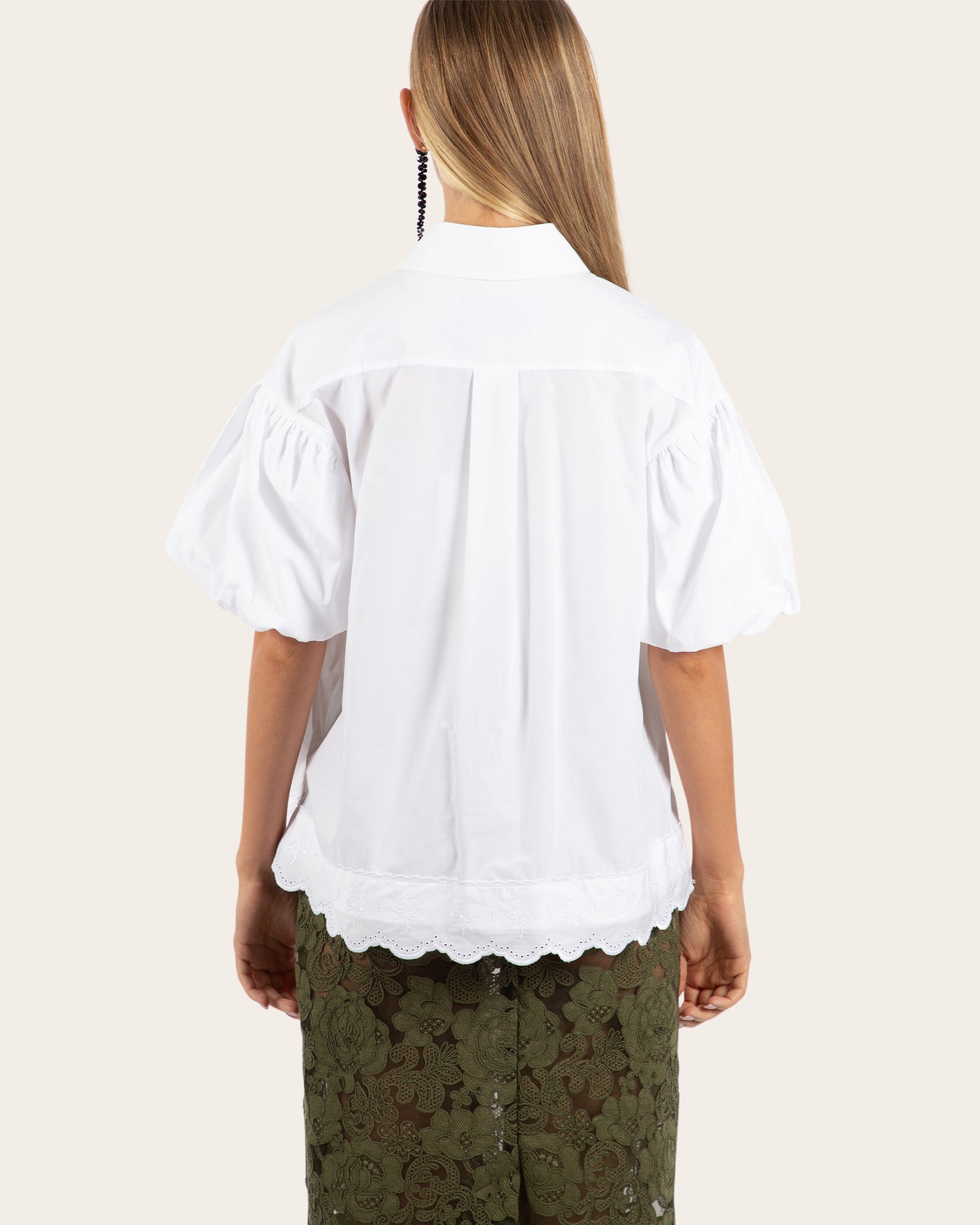 Cropped Puff Sleeve Lace Trim Shirt