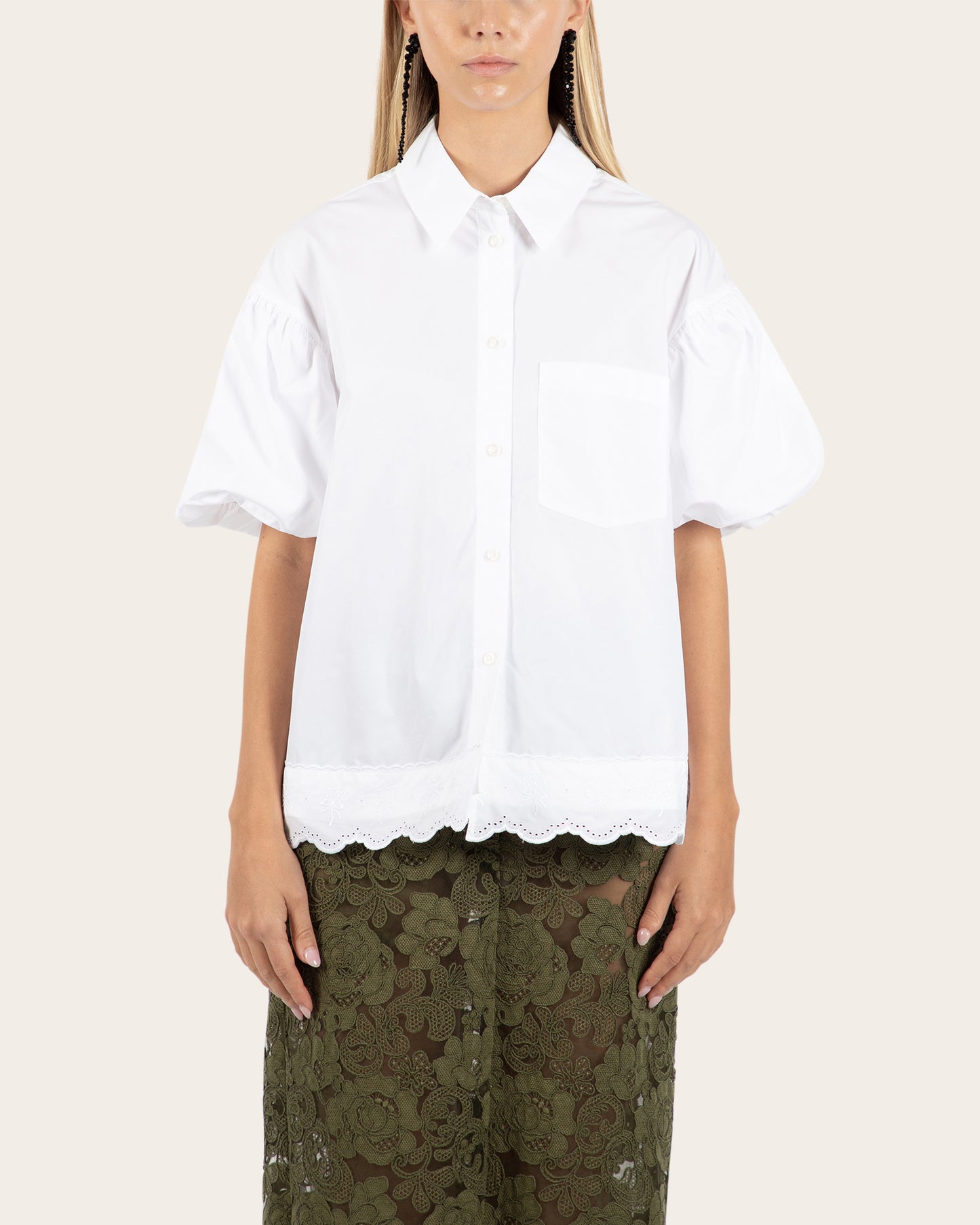 Cropped Puff Sleeve Lace Trim Shirt
